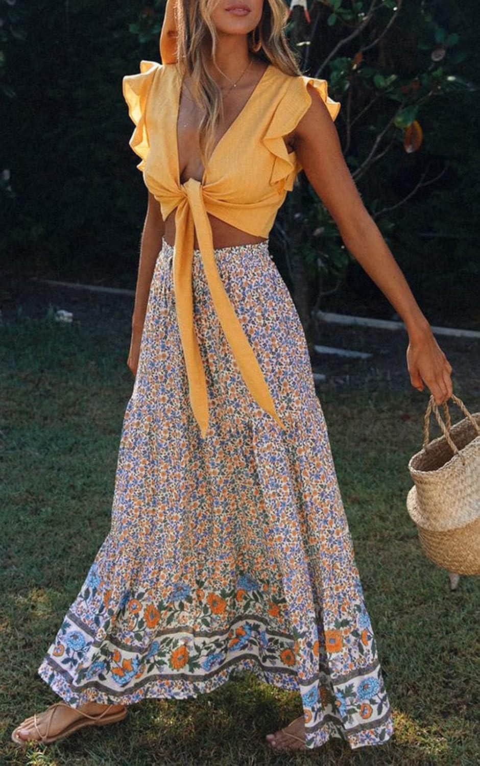 imageZESICA Womens 2026 Summer Bohemian Floral Printed Elastic Waist A Line Maxi Skirt with PocketsCream
