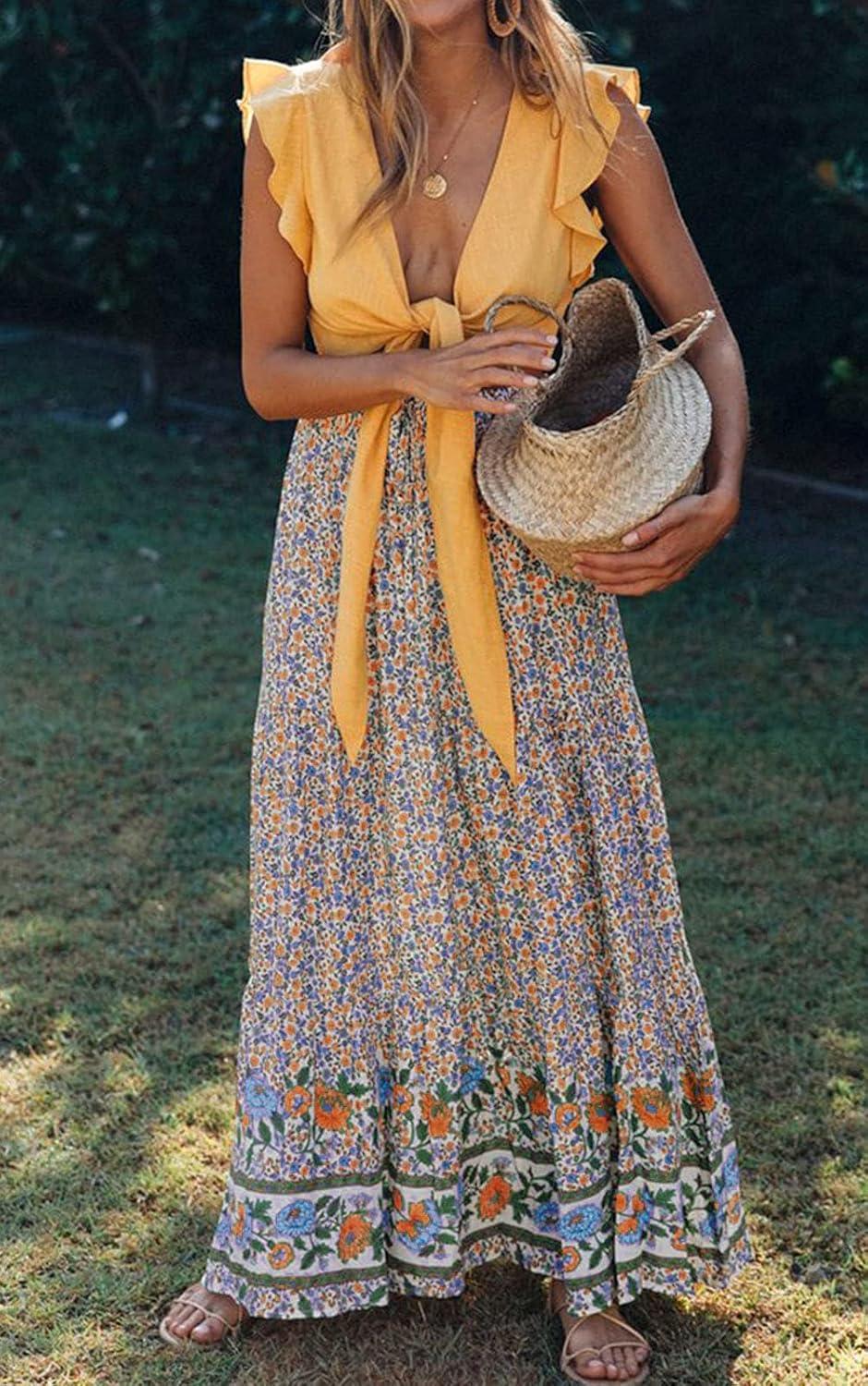 imageZESICA Womens 2026 Summer Bohemian Floral Printed Elastic Waist A Line Maxi Skirt with PocketsCream
