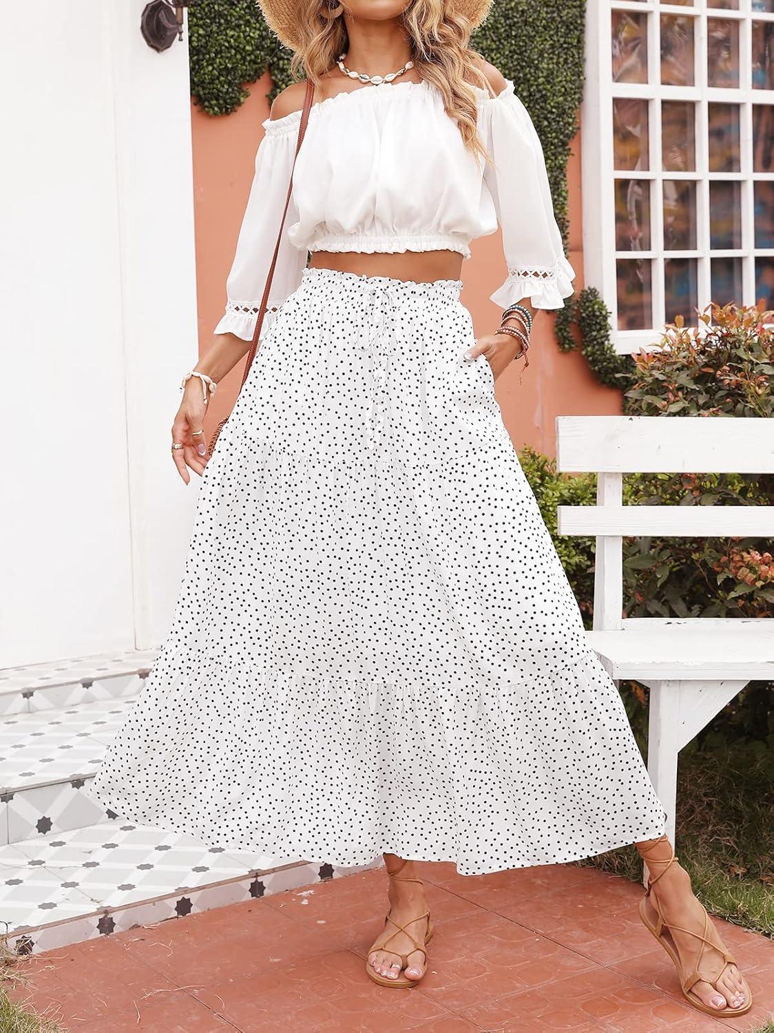 imageZESICA Womens 2026 Summer Bohemian Floral Printed Elastic Waist A Line Maxi Skirt with PocketsIvory