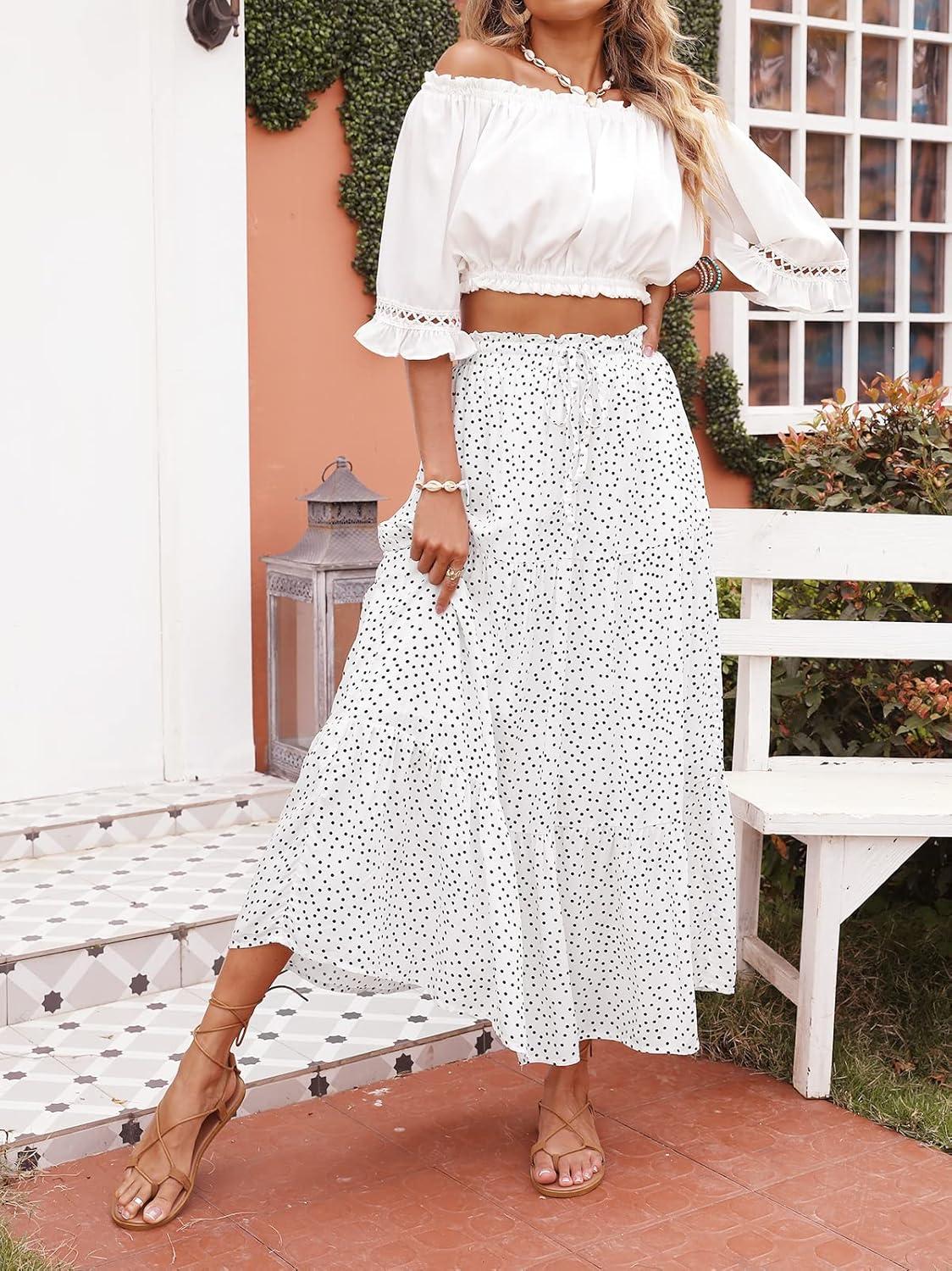 imageZESICA Womens 2026 Summer Bohemian Floral Printed Elastic Waist A Line Maxi Skirt with PocketsIvory
