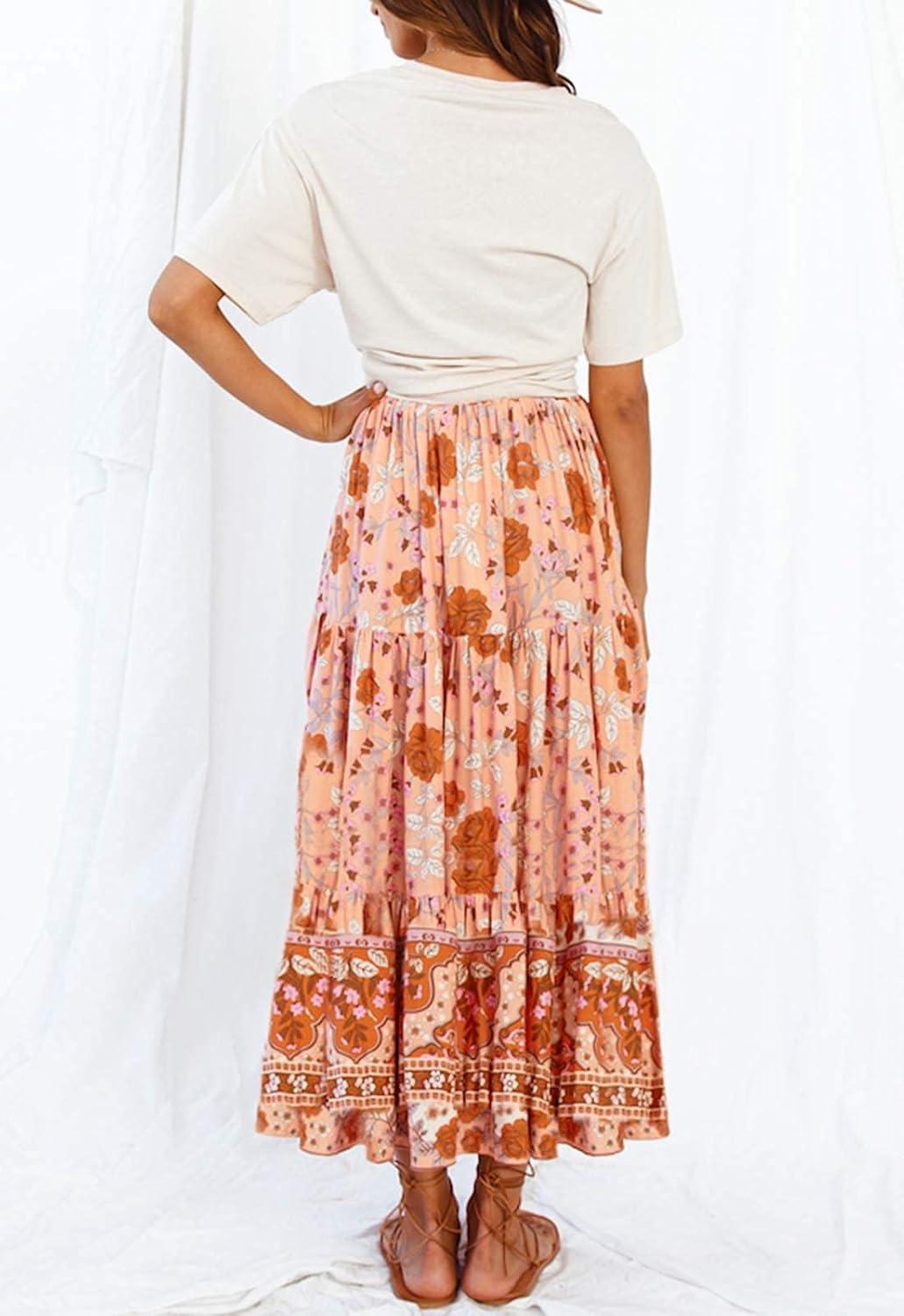 imageZESICA Womens 2026 Summer Bohemian Floral Printed Elastic Waist A Line Maxi Skirt with PocketsPeach