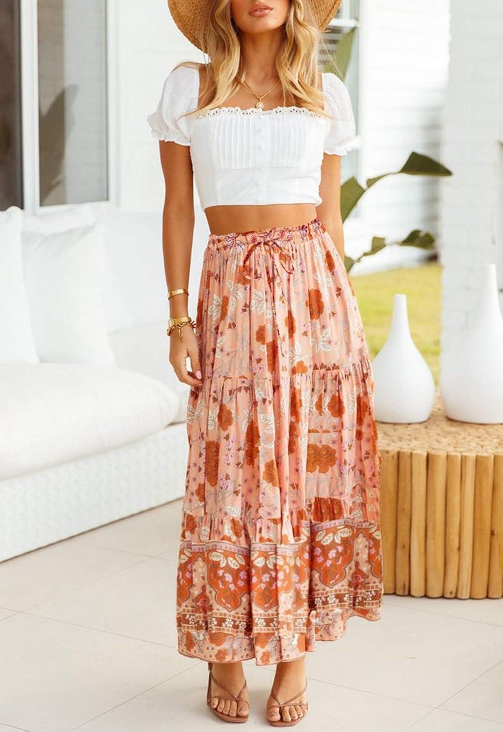 imageZESICA Womens 2026 Summer Bohemian Floral Printed Elastic Waist A Line Maxi Skirt with PocketsPeach
