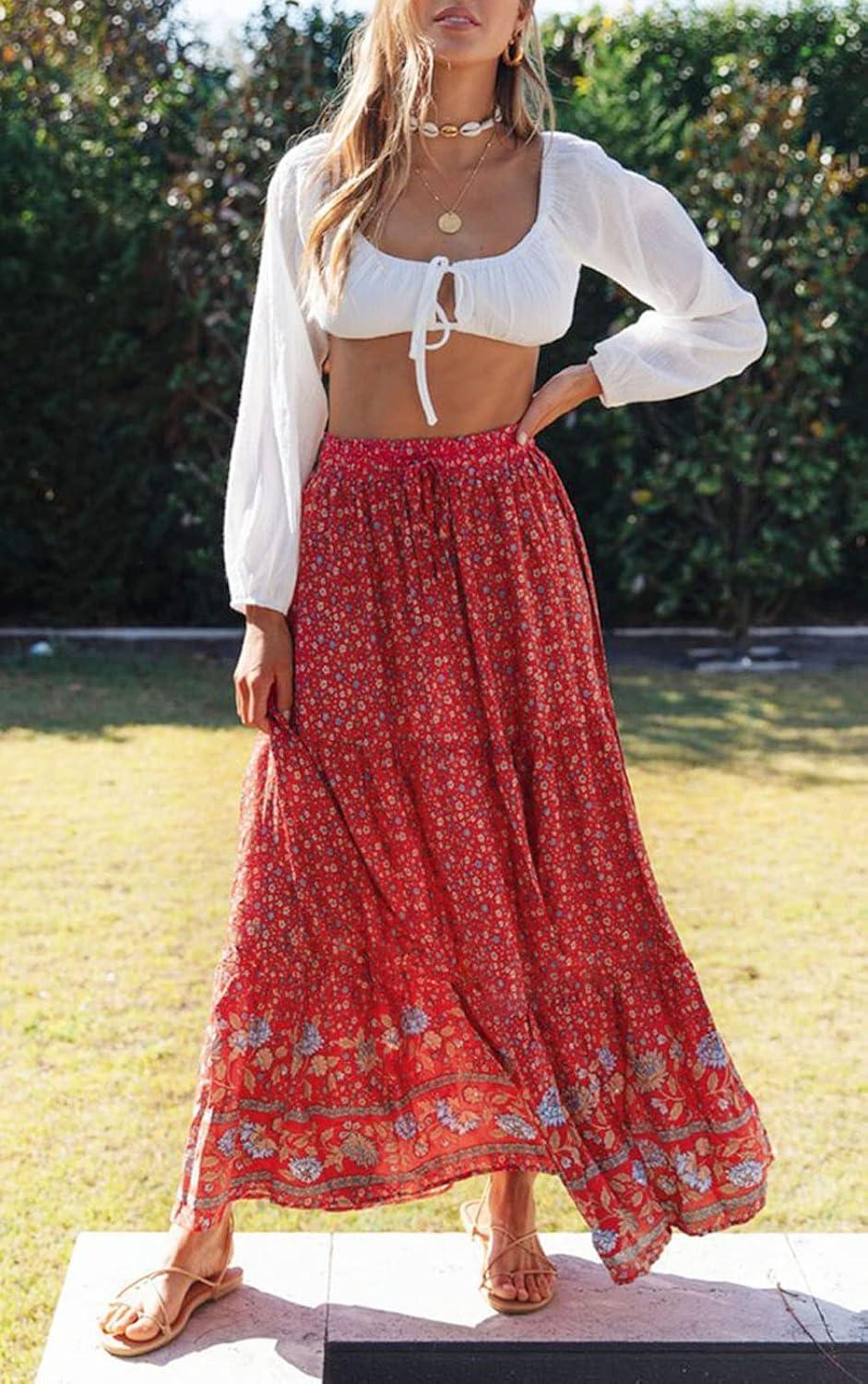 imageZESICA Womens 2026 Summer Bohemian Floral Printed Elastic Waist A Line Maxi Skirt with PocketsRed2