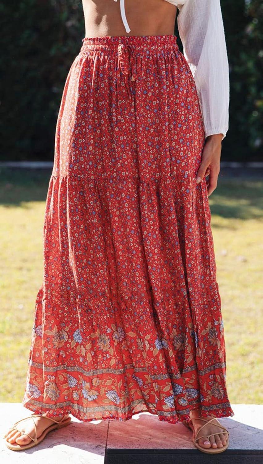 imageZESICA Womens 2026 Summer Bohemian Floral Printed Elastic Waist A Line Maxi Skirt with PocketsRed2