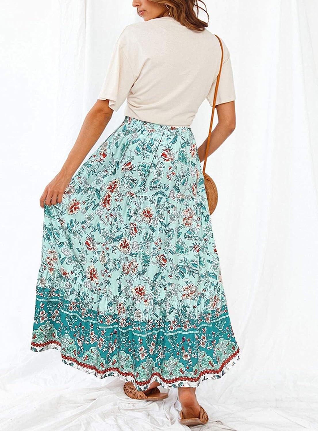 imageZESICA Womens 2026 Summer Bohemian Floral Printed Elastic Waist A Line Maxi Skirt with PocketsTurquoise