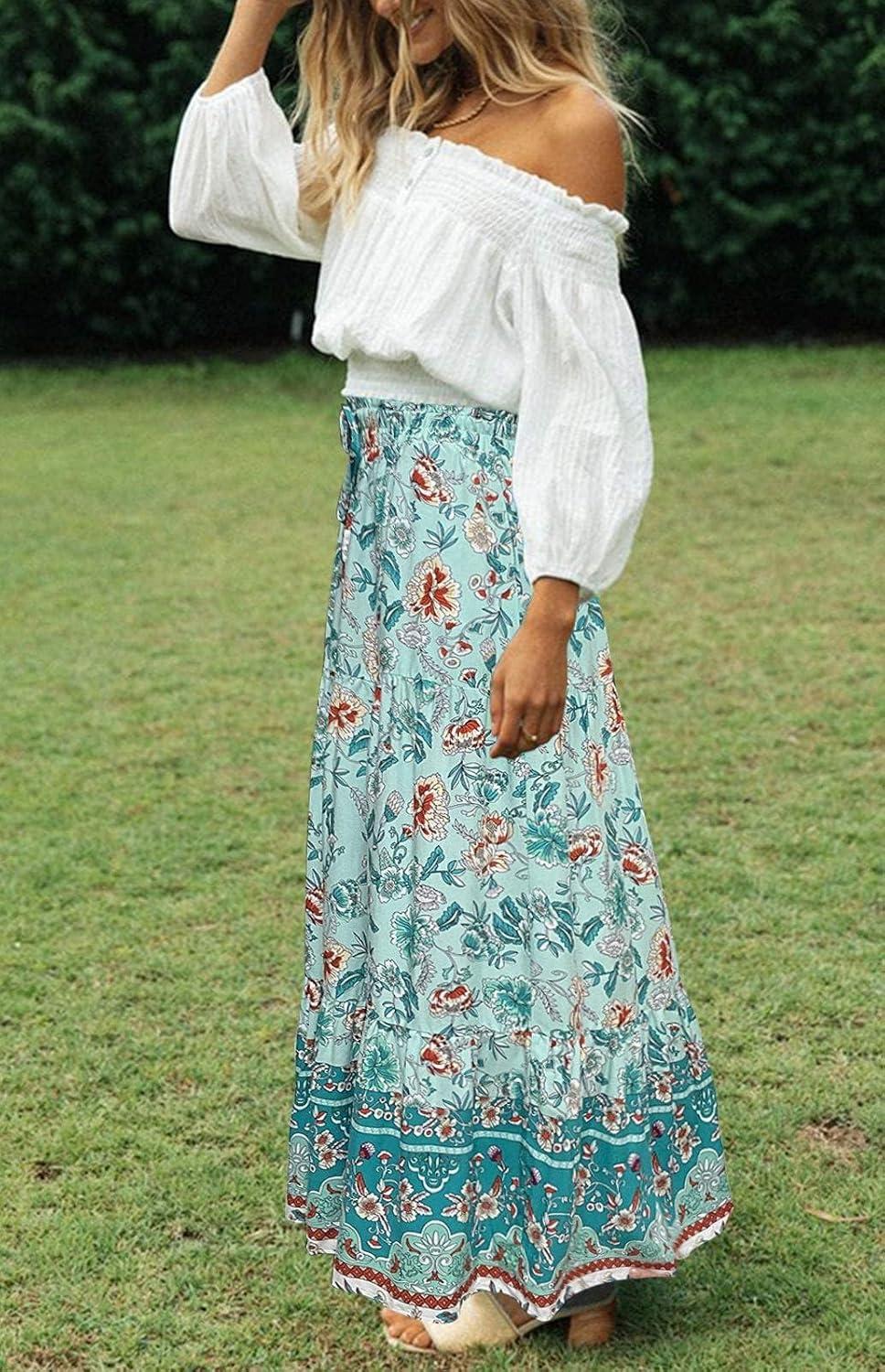 imageZESICA Womens 2026 Summer Bohemian Floral Printed Elastic Waist A Line Maxi Skirt with PocketsTurquoise