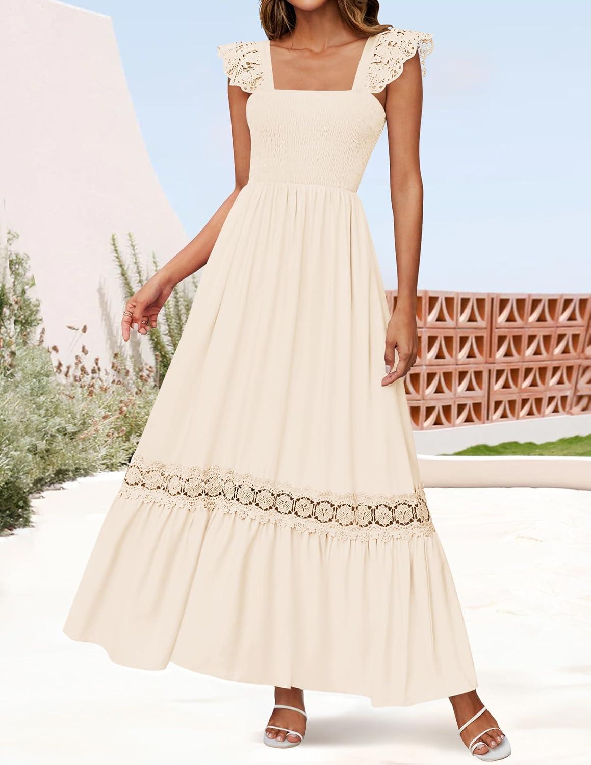 imageZESICA Womens 2026 Summer Lace Strap Sleeveless Square Neck Smocked High Waist Ruffle Hollow Out Flowy A Line Maxi DressApricot