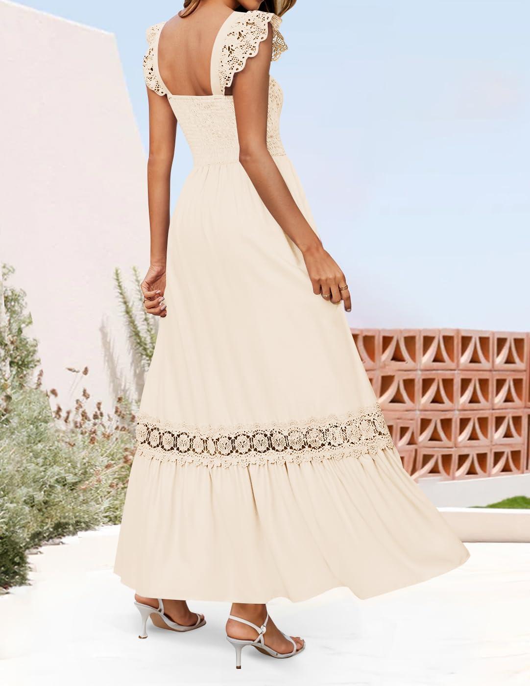 imageZESICA Womens 2026 Summer Lace Strap Sleeveless Square Neck Smocked High Waist Ruffle Hollow Out Flowy A Line Maxi DressApricot