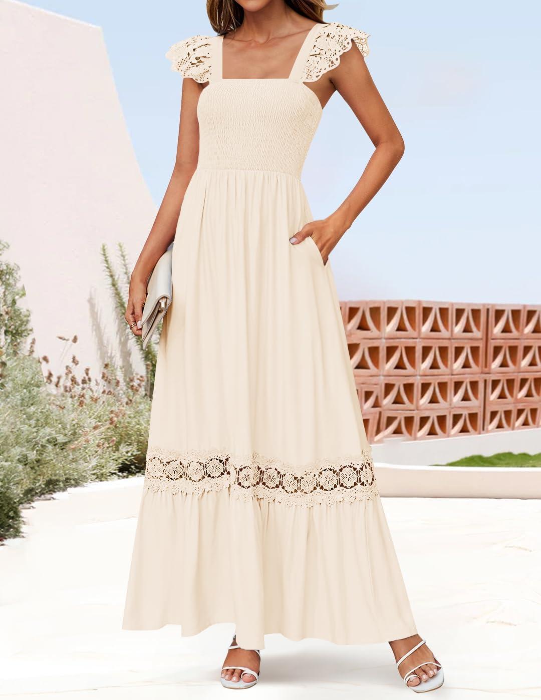 imageZESICA Womens 2026 Summer Lace Strap Sleeveless Square Neck Smocked High Waist Ruffle Hollow Out Flowy A Line Maxi DressApricot
