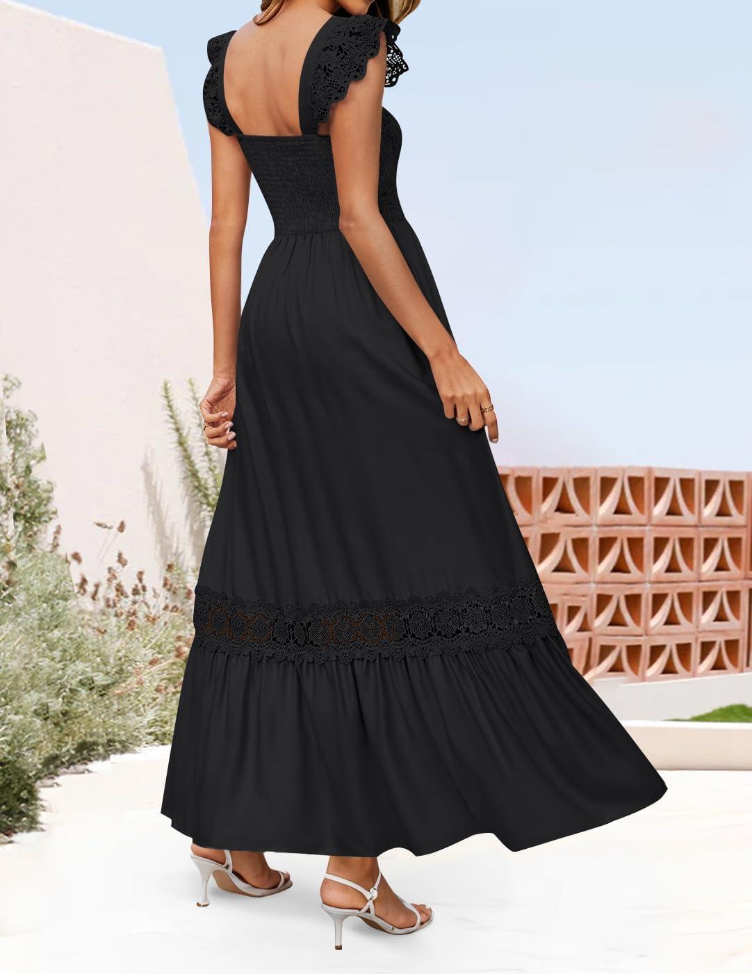 imageZESICA Womens 2026 Summer Lace Strap Sleeveless Square Neck Smocked High Waist Ruffle Hollow Out Flowy A Line Maxi DressBlack