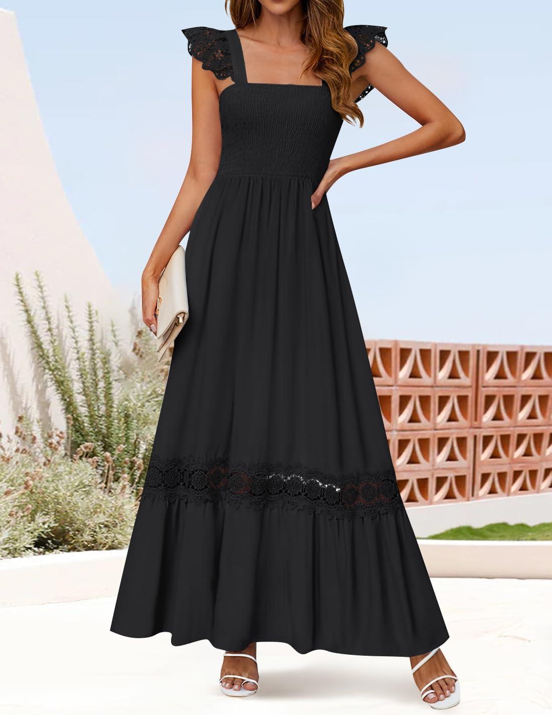 imageZESICA Womens 2026 Summer Lace Strap Sleeveless Square Neck Smocked High Waist Ruffle Hollow Out Flowy A Line Maxi DressBlack