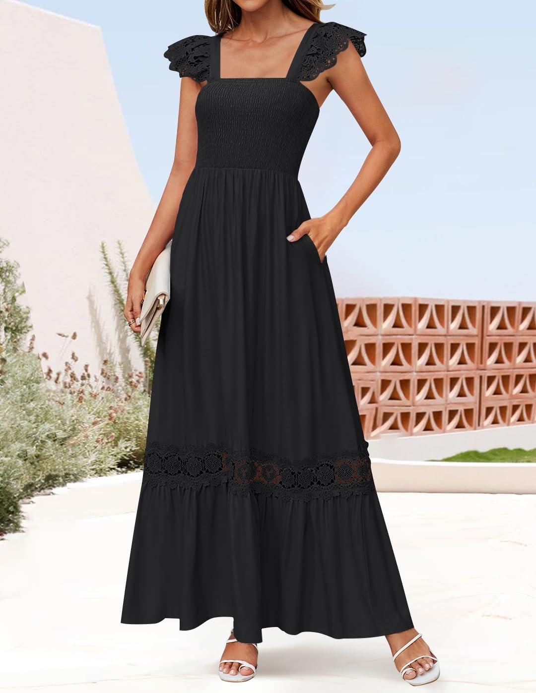 imageZESICA Womens 2026 Summer Lace Strap Sleeveless Square Neck Smocked High Waist Ruffle Hollow Out Flowy A Line Maxi DressBlack