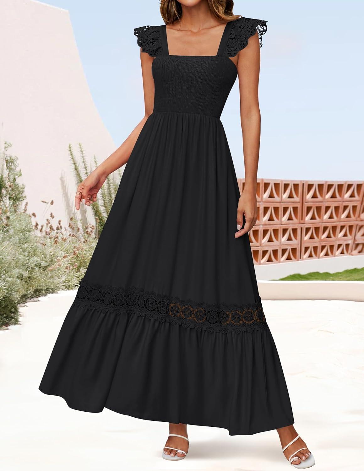 imageZESICA Womens 2026 Summer Lace Strap Sleeveless Square Neck Smocked High Waist Ruffle Hollow Out Flowy A Line Maxi DressBlack