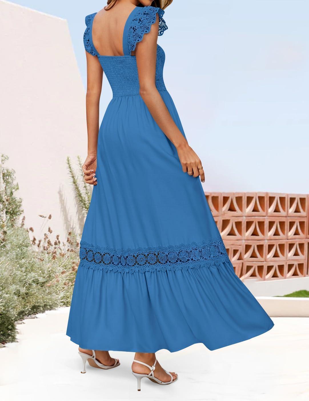 imageZESICA Womens 2026 Summer Lace Strap Sleeveless Square Neck Smocked High Waist Ruffle Hollow Out Flowy A Line Maxi DressCobaltblue