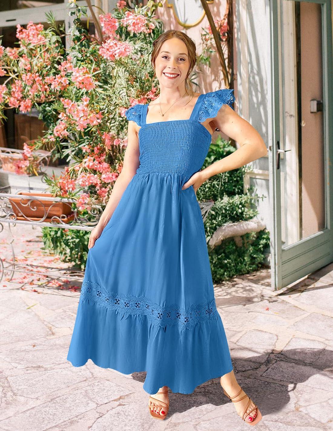 imageZESICA Womens 2026 Summer Lace Strap Sleeveless Square Neck Smocked High Waist Ruffle Hollow Out Flowy A Line Maxi DressCobaltblue