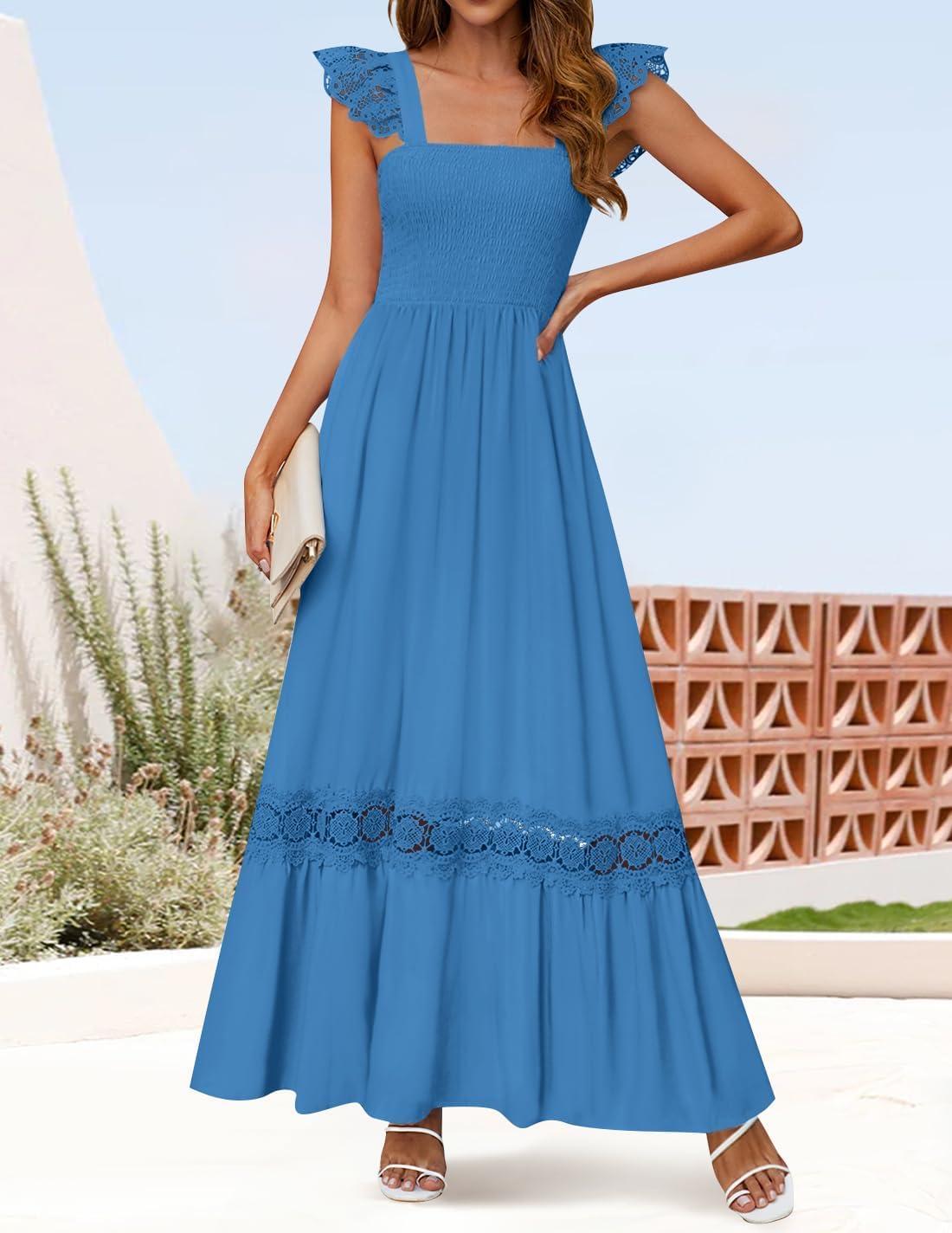 imageZESICA Womens 2026 Summer Lace Strap Sleeveless Square Neck Smocked High Waist Ruffle Hollow Out Flowy A Line Maxi DressCobaltblue
