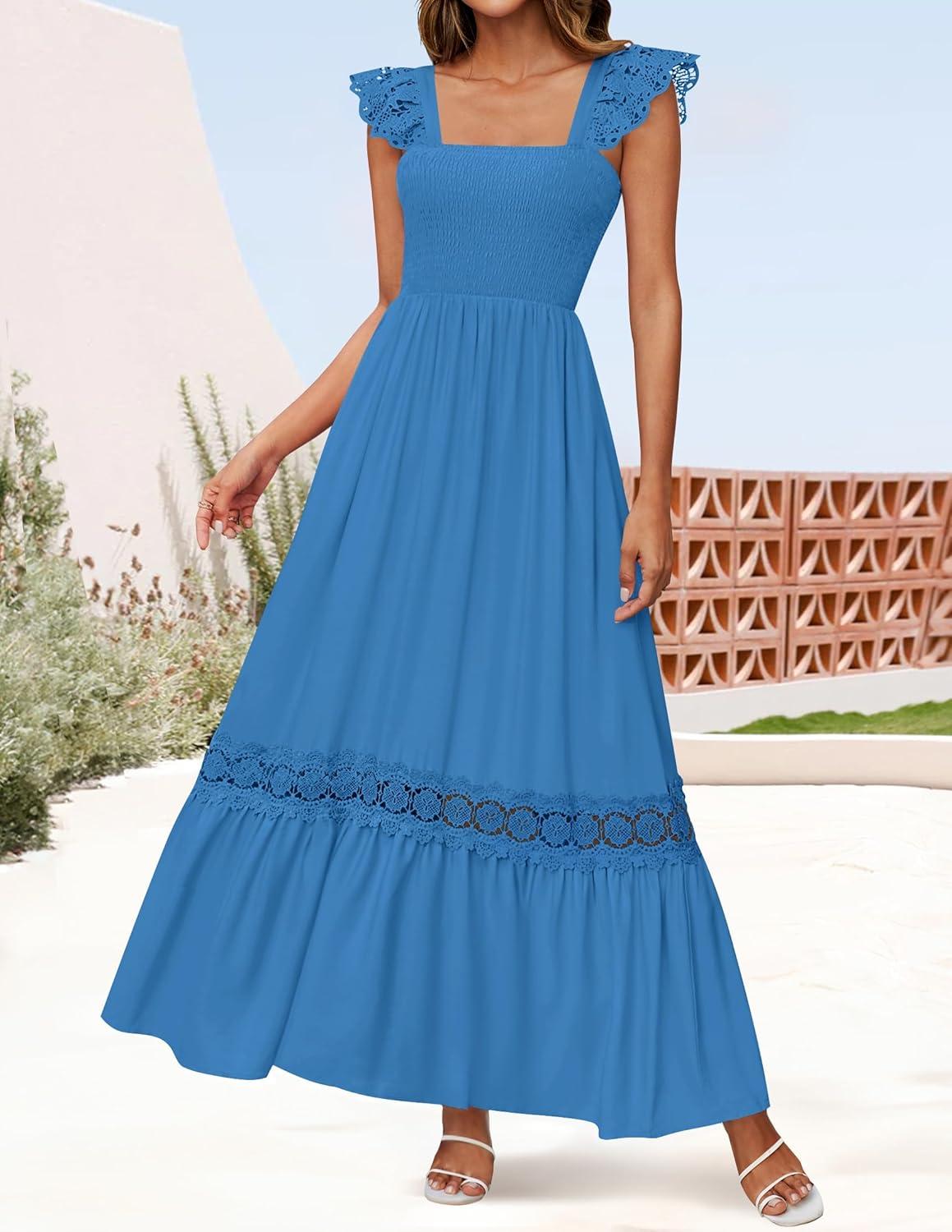 imageZESICA Womens 2026 Summer Lace Strap Sleeveless Square Neck Smocked High Waist Ruffle Hollow Out Flowy A Line Maxi DressCobaltblue