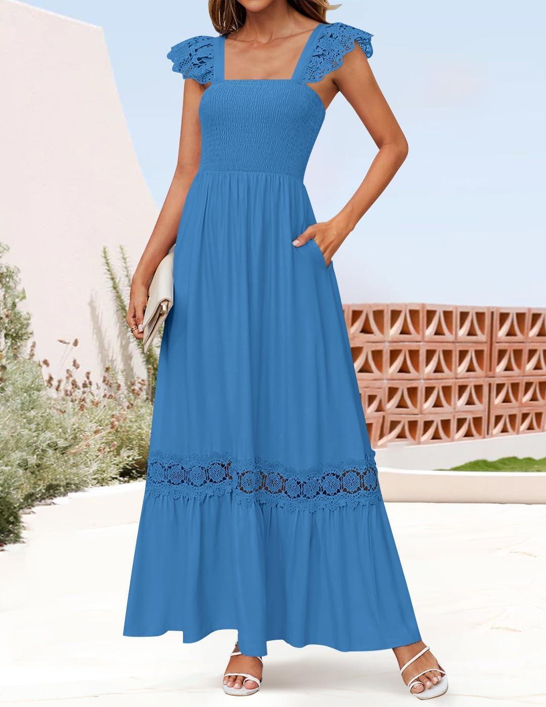 imageZESICA Womens 2026 Summer Lace Strap Sleeveless Square Neck Smocked High Waist Ruffle Hollow Out Flowy A Line Maxi DressCobaltblue