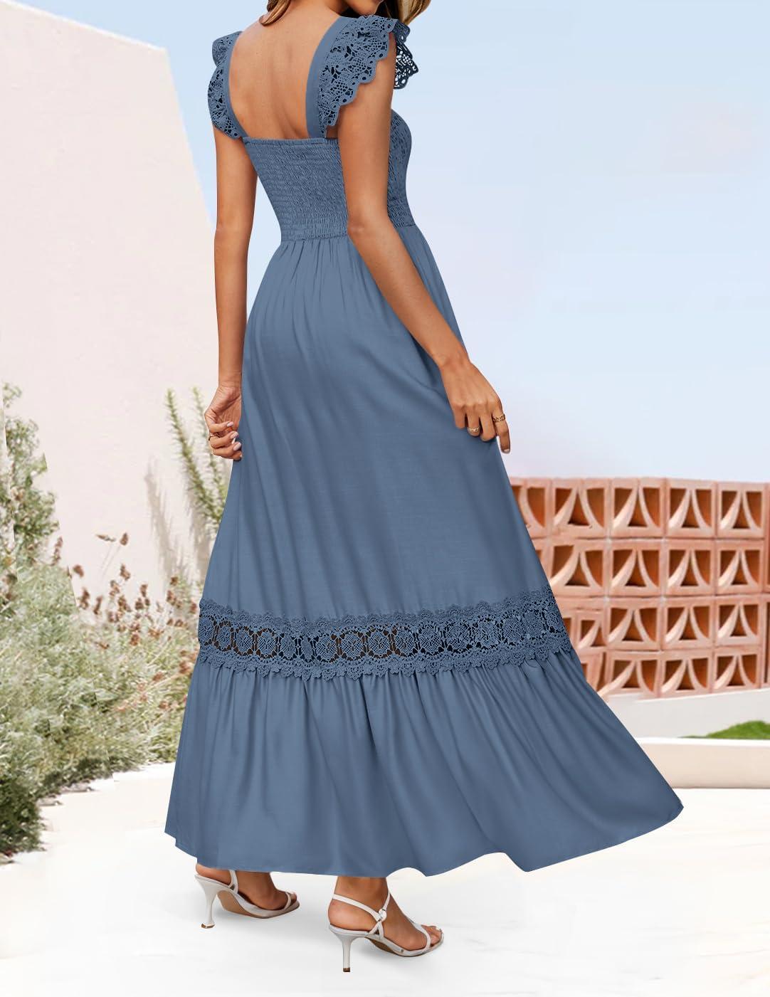 imageZESICA Womens 2026 Summer Lace Strap Sleeveless Square Neck Smocked High Waist Ruffle Hollow Out Flowy A Line Maxi DressDustyblue