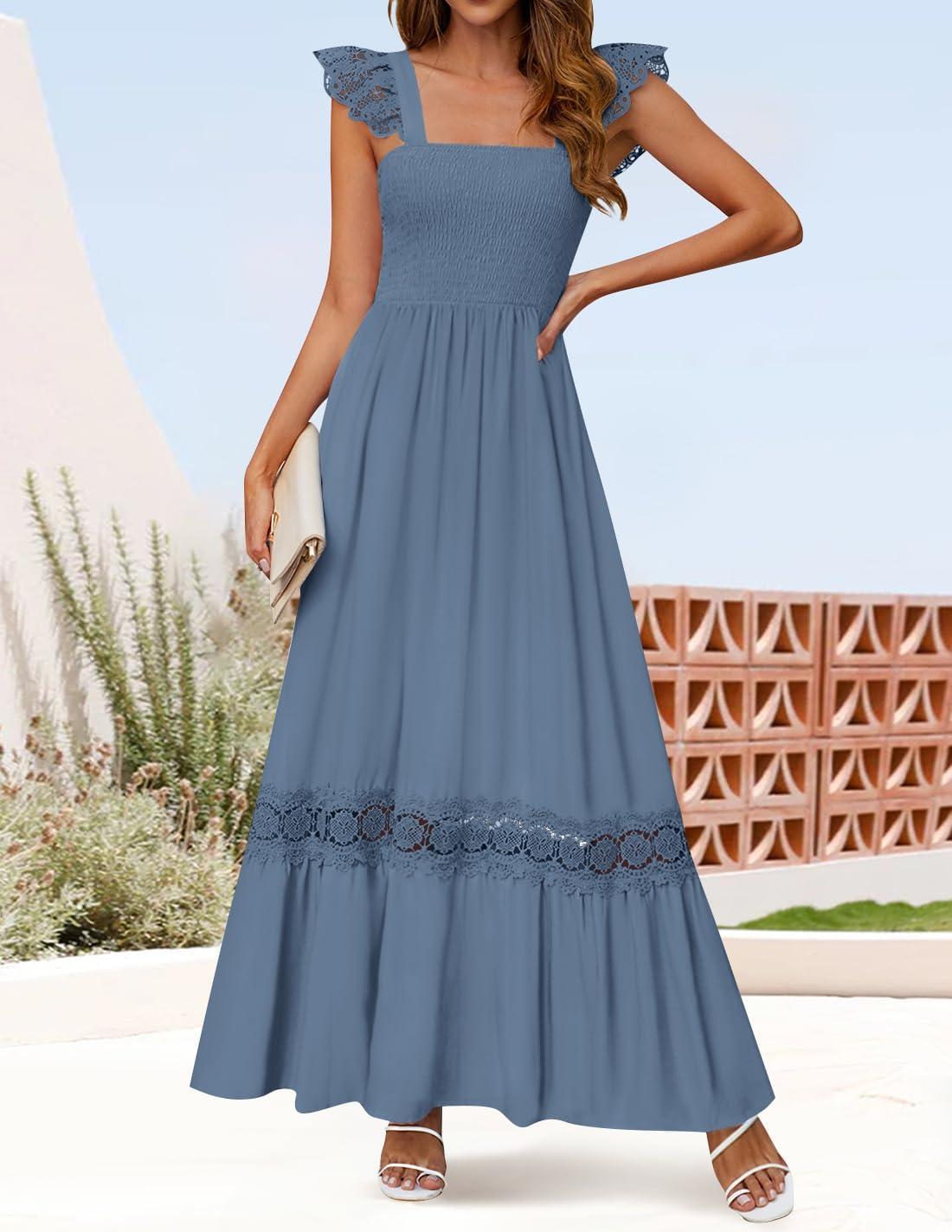 imageZESICA Womens 2026 Summer Lace Strap Sleeveless Square Neck Smocked High Waist Ruffle Hollow Out Flowy A Line Maxi DressDustyblue