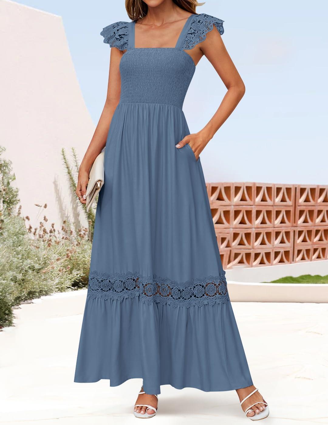 imageZESICA Womens 2026 Summer Lace Strap Sleeveless Square Neck Smocked High Waist Ruffle Hollow Out Flowy A Line Maxi DressDustyblue