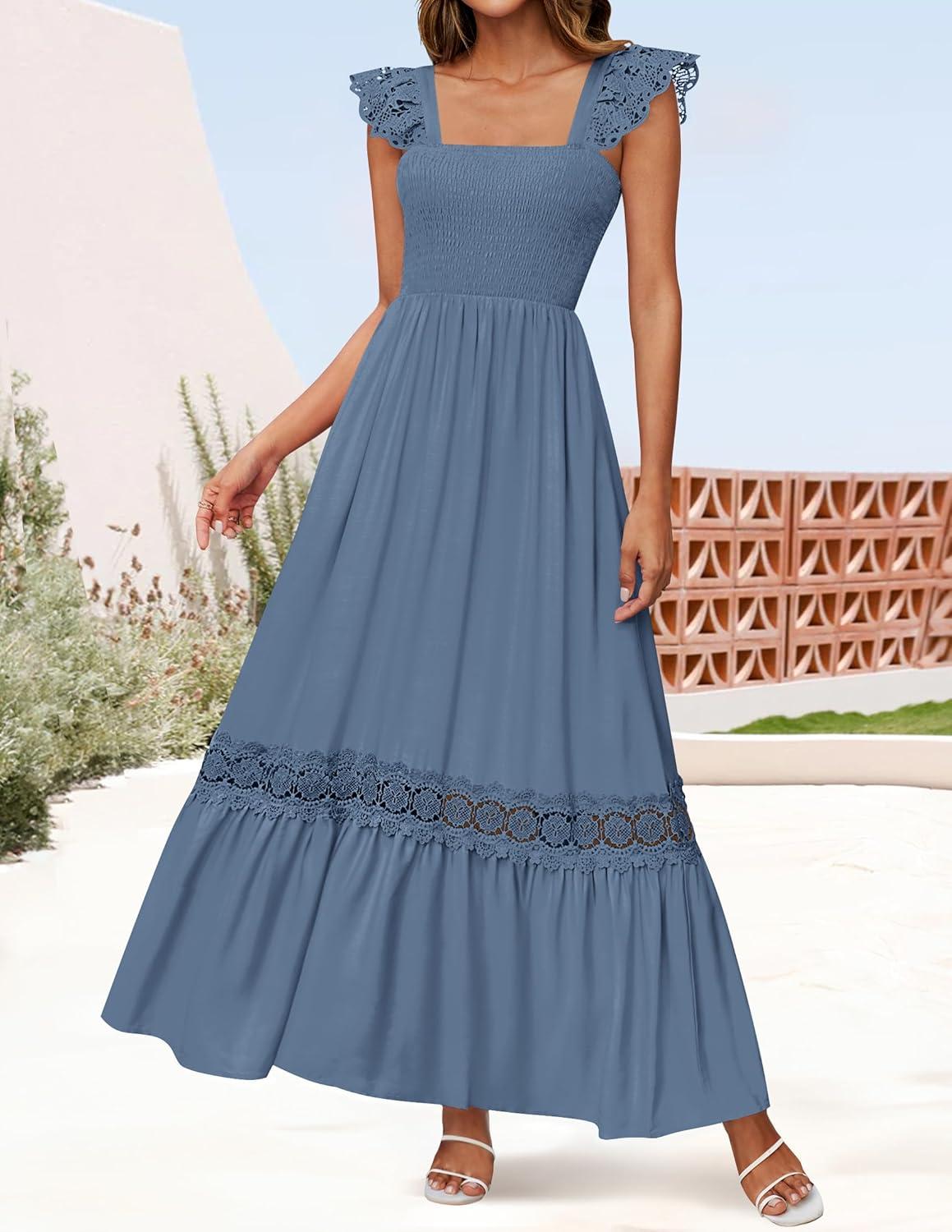 imageZESICA Womens 2026 Summer Lace Strap Sleeveless Square Neck Smocked High Waist Ruffle Hollow Out Flowy A Line Maxi DressDustyblue