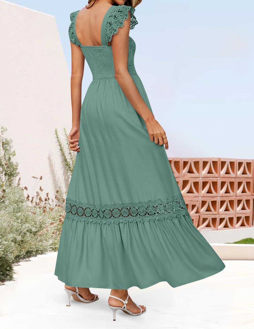 imageZESICA Womens 2026 Summer Lace Strap Sleeveless Square Neck Smocked High Waist Ruffle Hollow Out Flowy A Line Maxi DressGreen