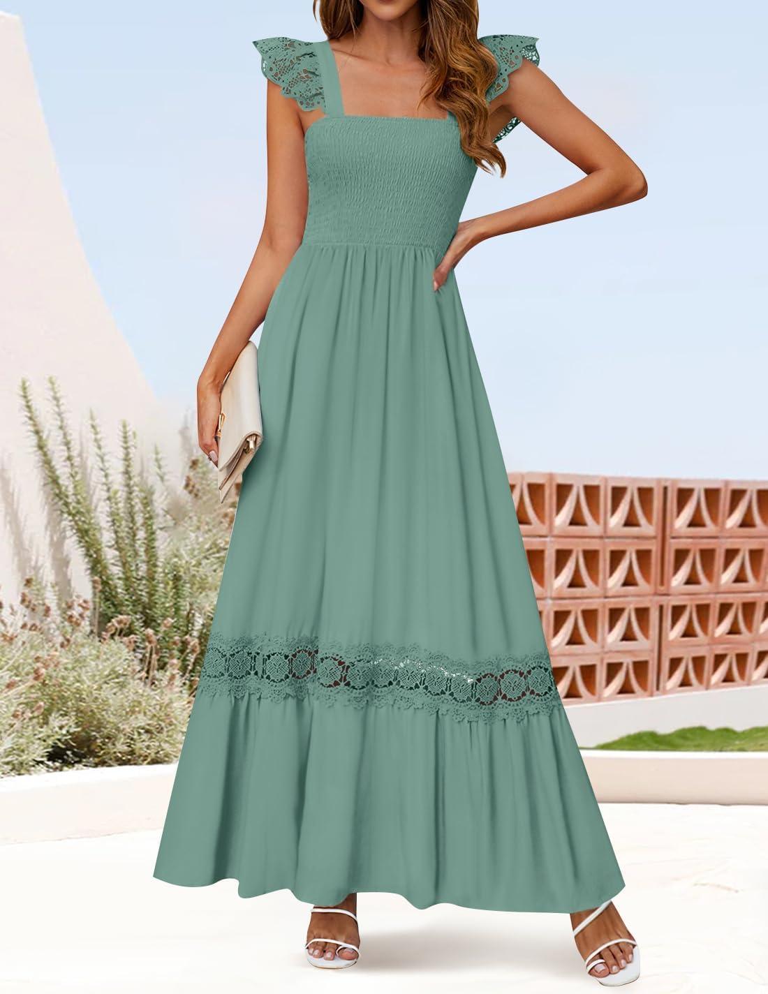 imageZESICA Womens 2026 Summer Lace Strap Sleeveless Square Neck Smocked High Waist Ruffle Hollow Out Flowy A Line Maxi DressGreen