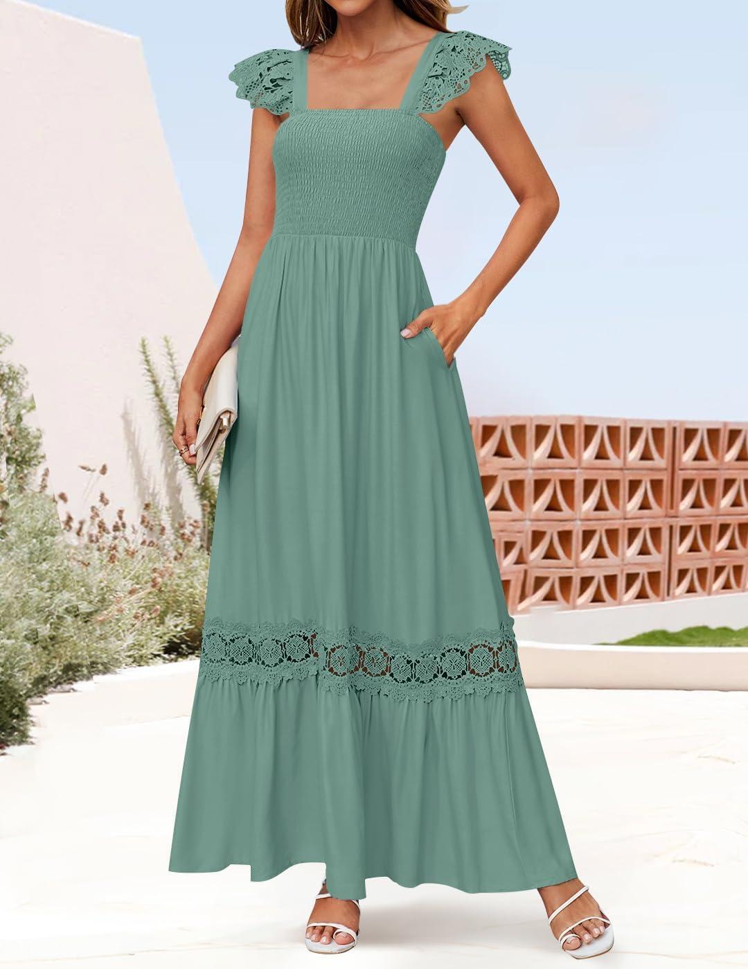 imageZESICA Womens 2026 Summer Lace Strap Sleeveless Square Neck Smocked High Waist Ruffle Hollow Out Flowy A Line Maxi DressGreen