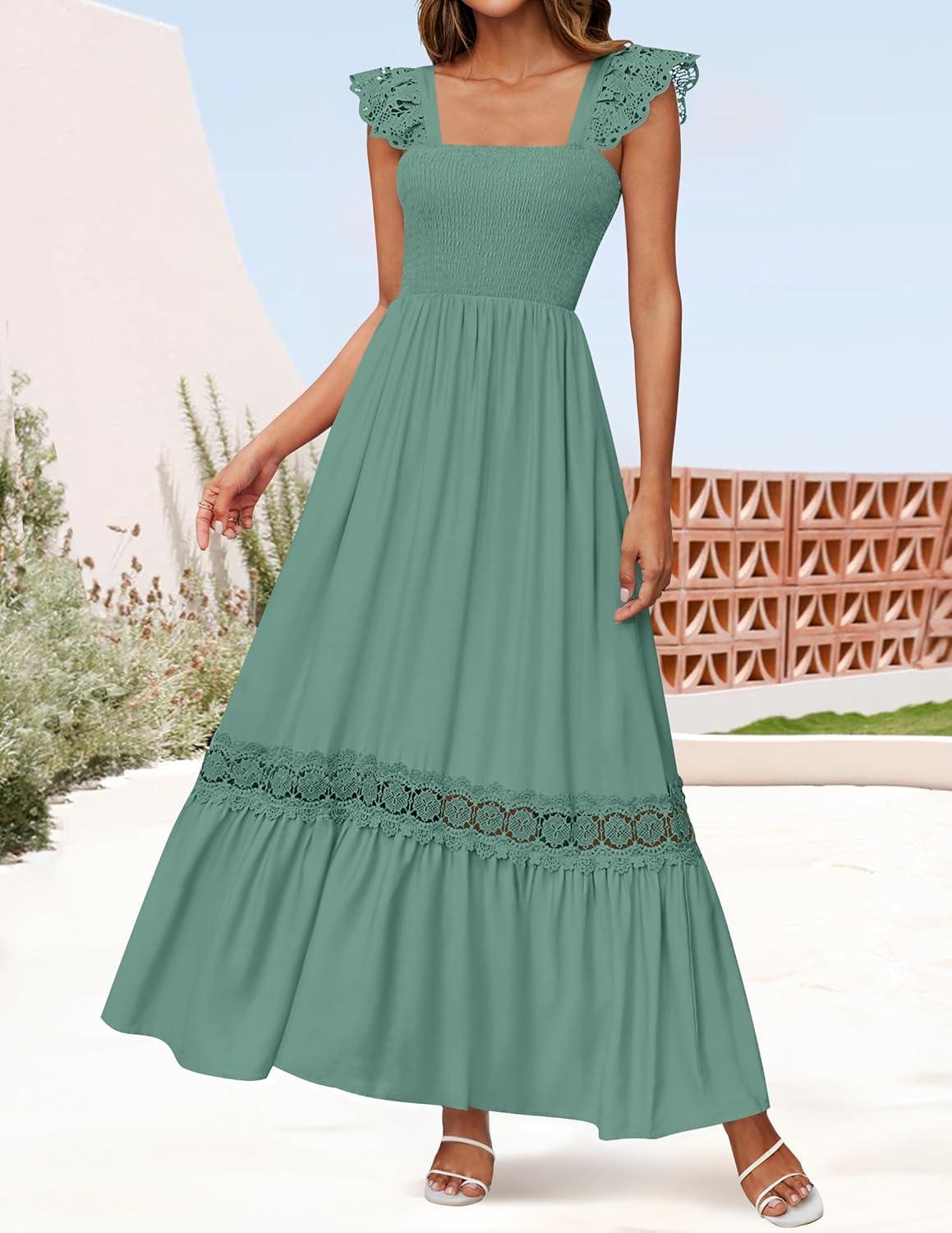 imageZESICA Womens 2026 Summer Lace Strap Sleeveless Square Neck Smocked High Waist Ruffle Hollow Out Flowy A Line Maxi DressGreen