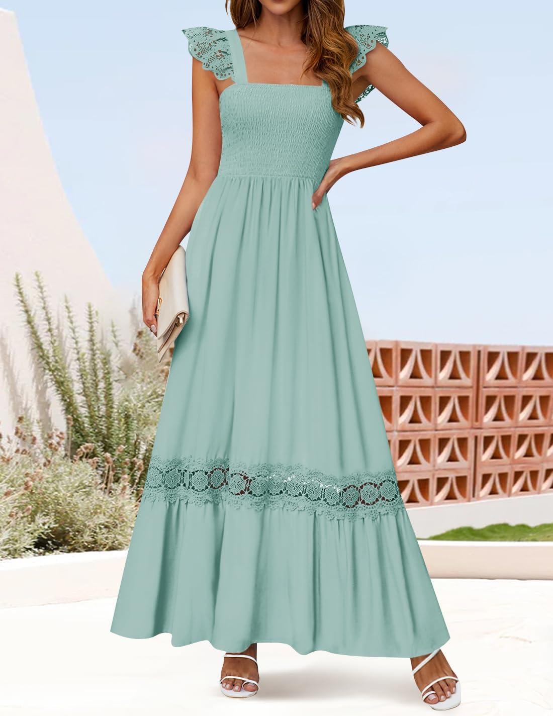 imageZESICA Womens 2026 Summer Lace Strap Sleeveless Square Neck Smocked High Waist Ruffle Hollow Out Flowy A Line Maxi DressLightgreen