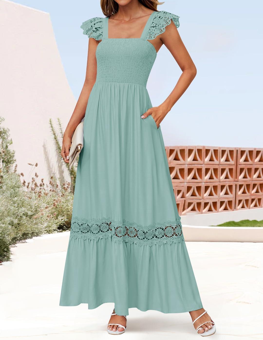 imageZESICA Womens 2026 Summer Lace Strap Sleeveless Square Neck Smocked High Waist Ruffle Hollow Out Flowy A Line Maxi DressLightgreen