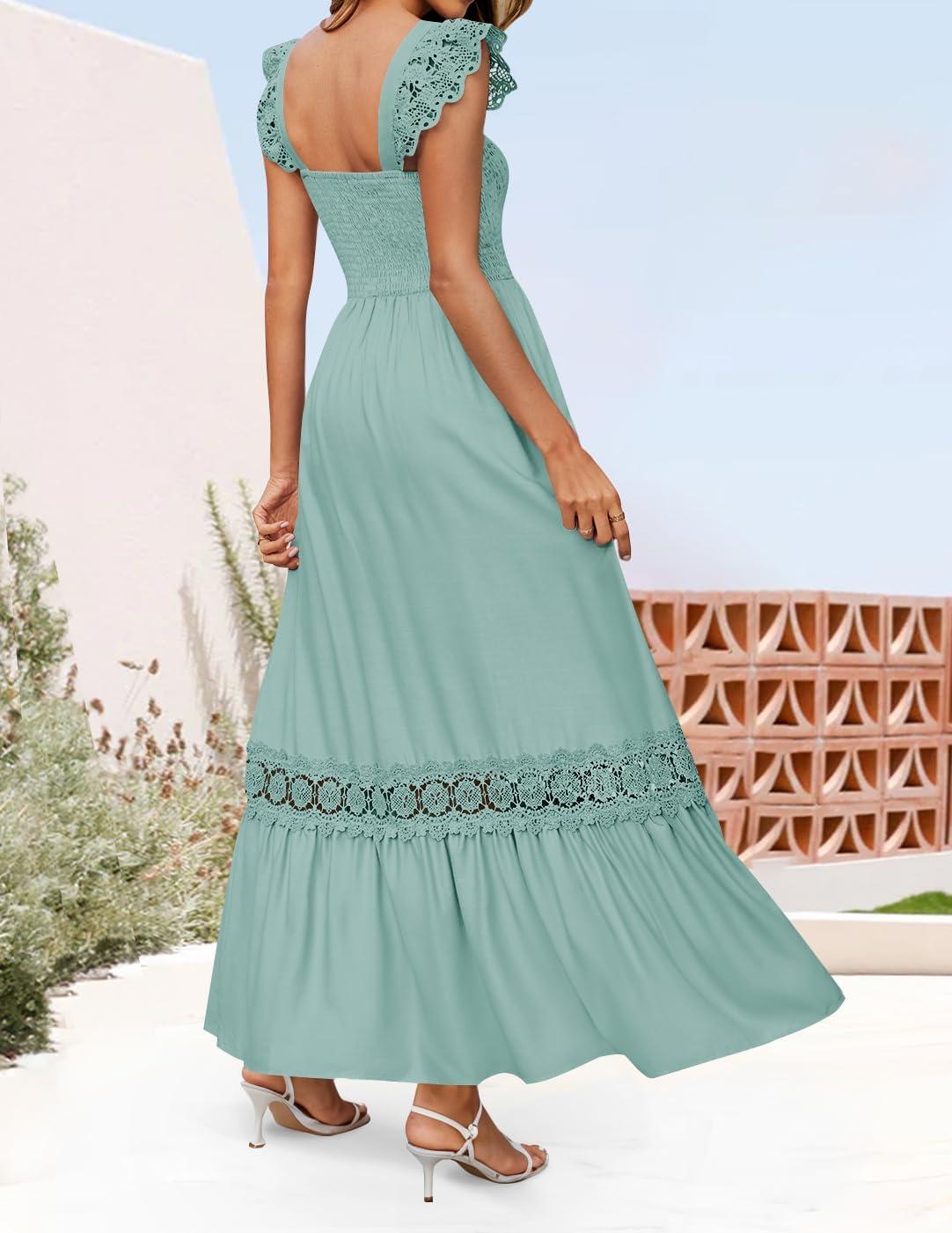 imageZESICA Womens 2026 Summer Lace Strap Sleeveless Square Neck Smocked High Waist Ruffle Hollow Out Flowy A Line Maxi DressLightgreen