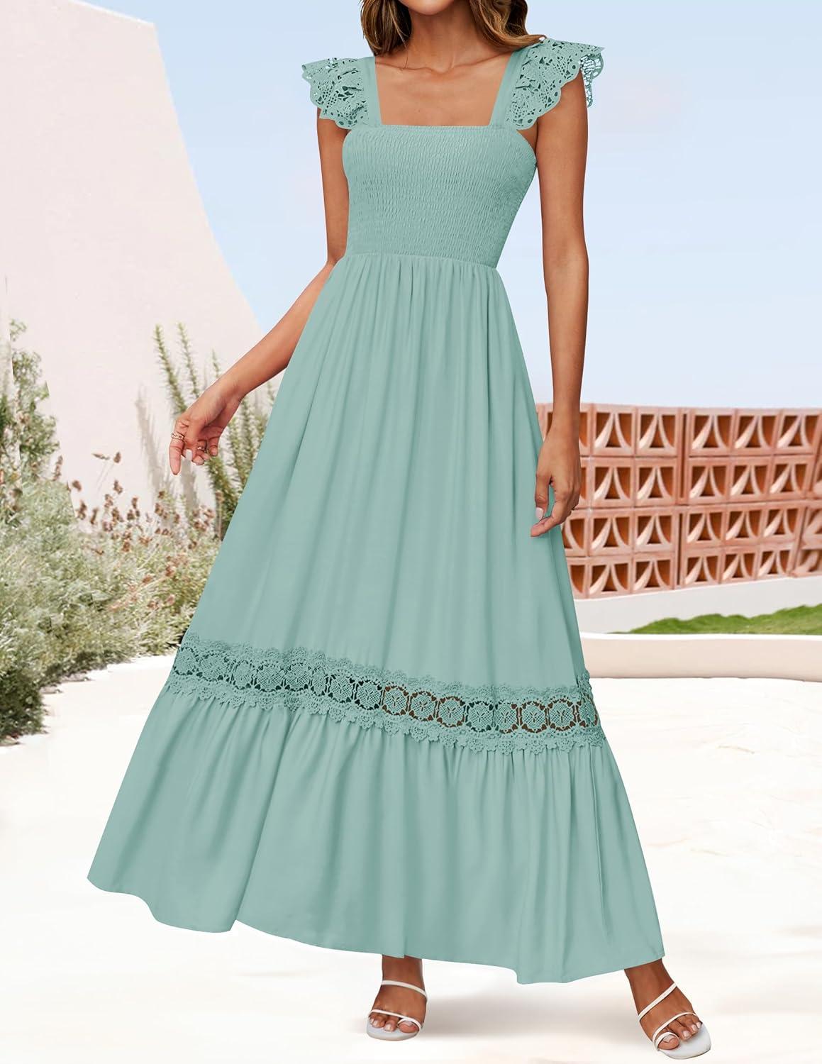 imageZESICA Womens 2026 Summer Lace Strap Sleeveless Square Neck Smocked High Waist Ruffle Hollow Out Flowy A Line Maxi DressLightgreen