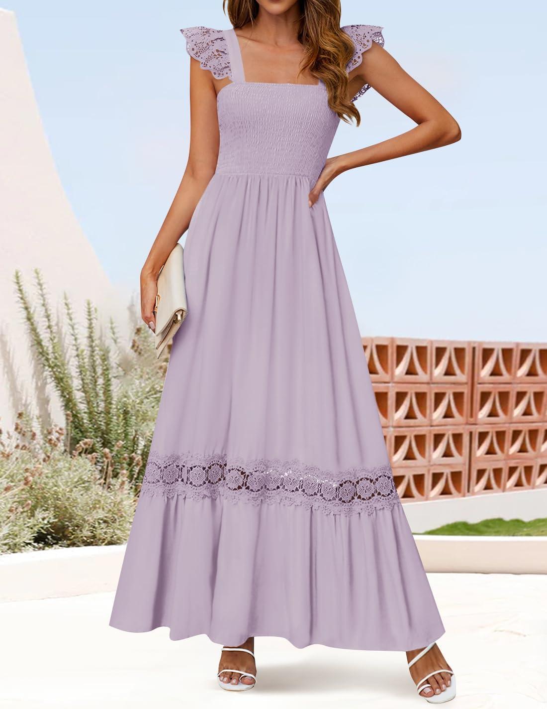 imageZESICA Womens 2026 Summer Lace Strap Sleeveless Square Neck Smocked High Waist Ruffle Hollow Out Flowy A Line Maxi DressLightpurple