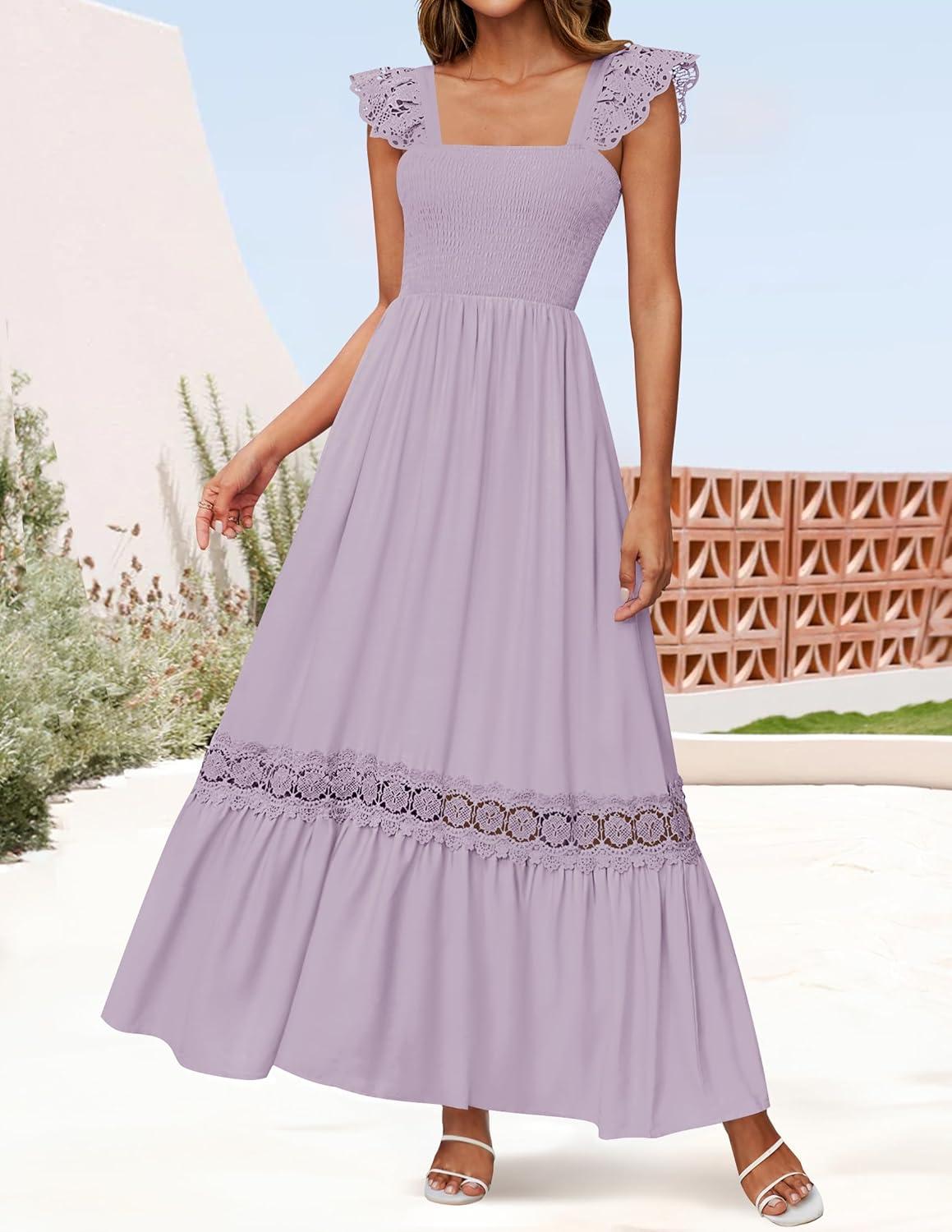 imageZESICA Womens 2026 Summer Lace Strap Sleeveless Square Neck Smocked High Waist Ruffle Hollow Out Flowy A Line Maxi DressLightpurple