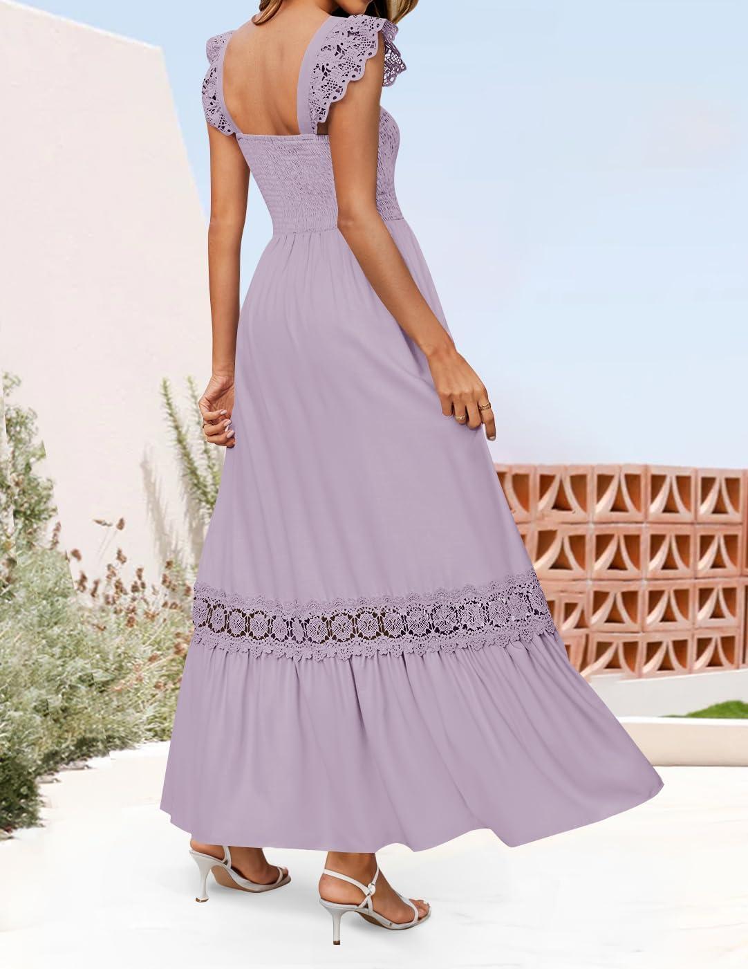 imageZESICA Womens 2026 Summer Lace Strap Sleeveless Square Neck Smocked High Waist Ruffle Hollow Out Flowy A Line Maxi DressLightpurple
