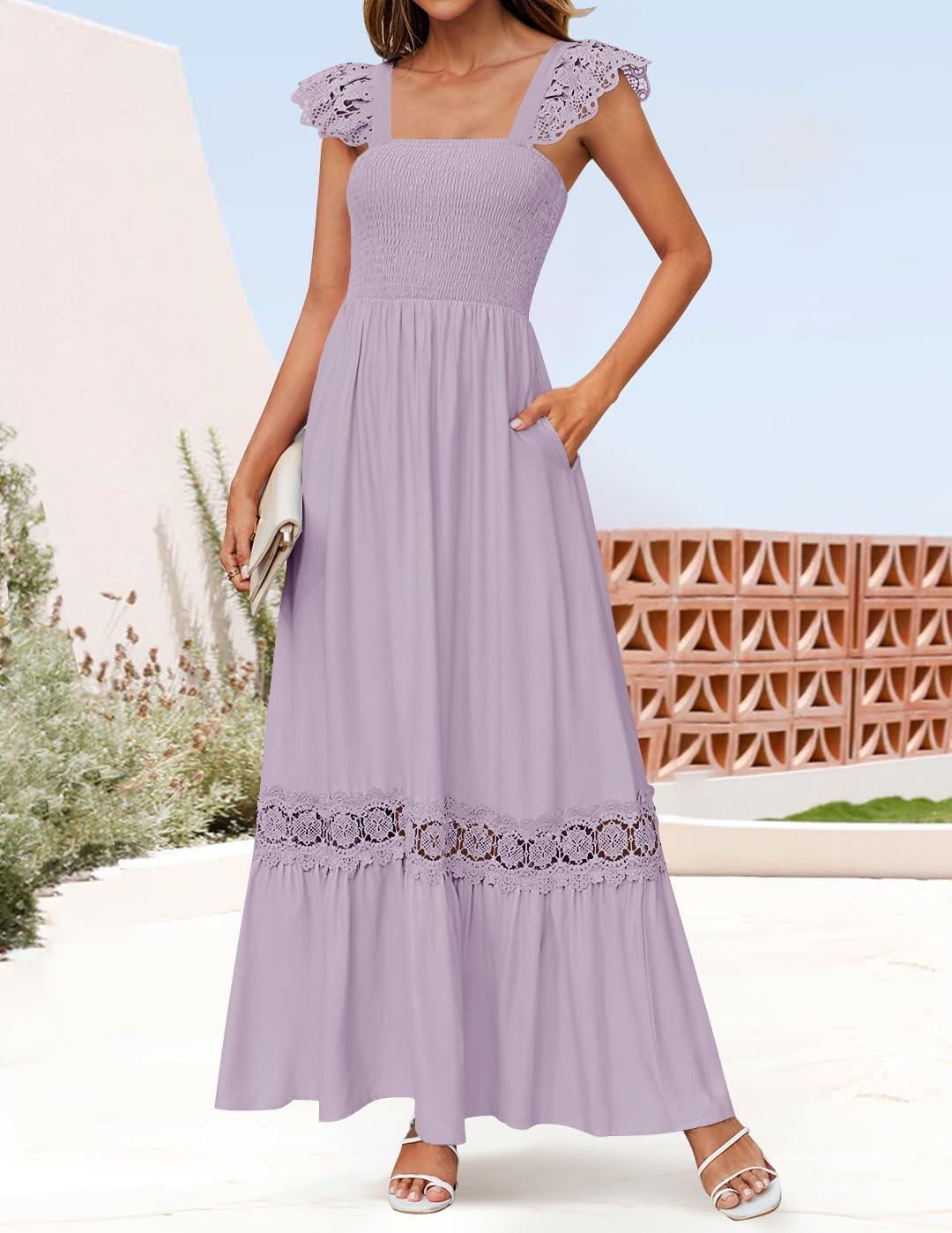imageZESICA Womens 2026 Summer Lace Strap Sleeveless Square Neck Smocked High Waist Ruffle Hollow Out Flowy A Line Maxi DressLightpurple