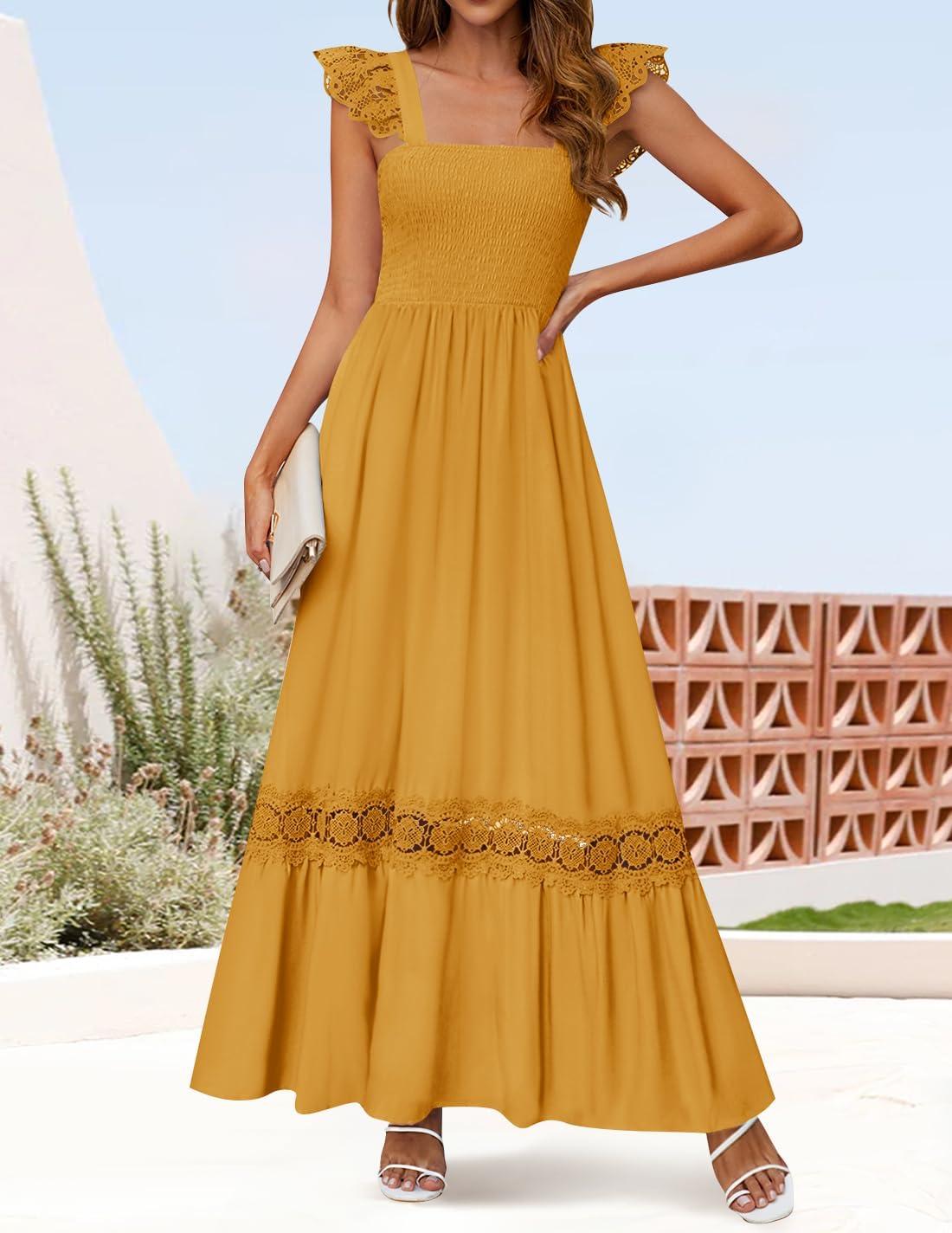 imageZESICA Womens 2026 Summer Lace Strap Sleeveless Square Neck Smocked High Waist Ruffle Hollow Out Flowy A Line Maxi DressMustard