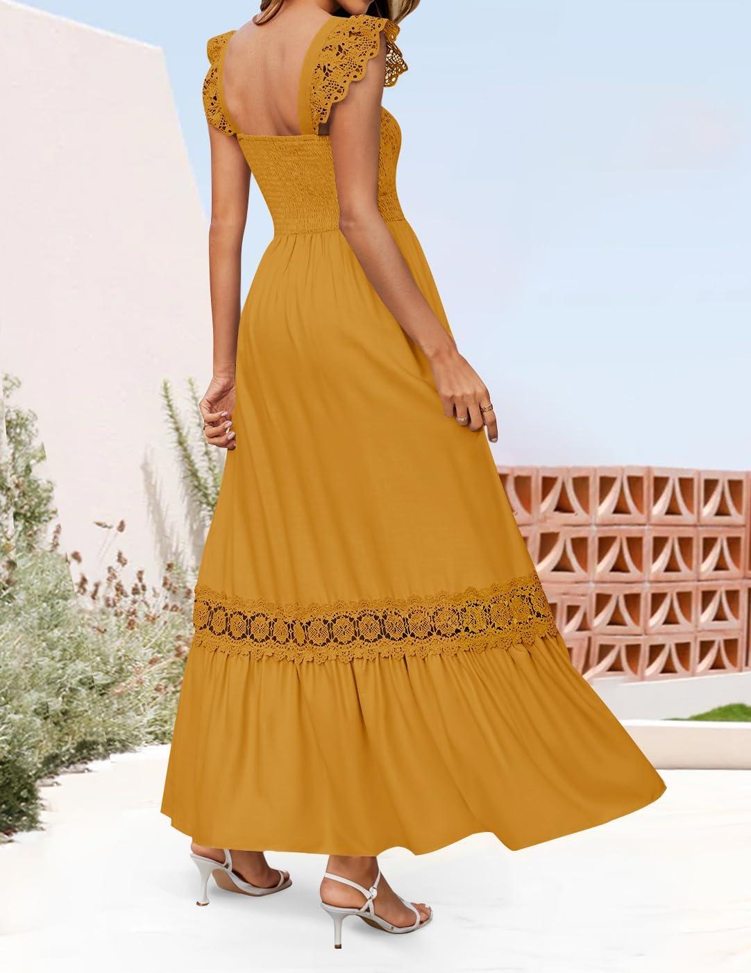 imageZESICA Womens 2026 Summer Lace Strap Sleeveless Square Neck Smocked High Waist Ruffle Hollow Out Flowy A Line Maxi DressMustard