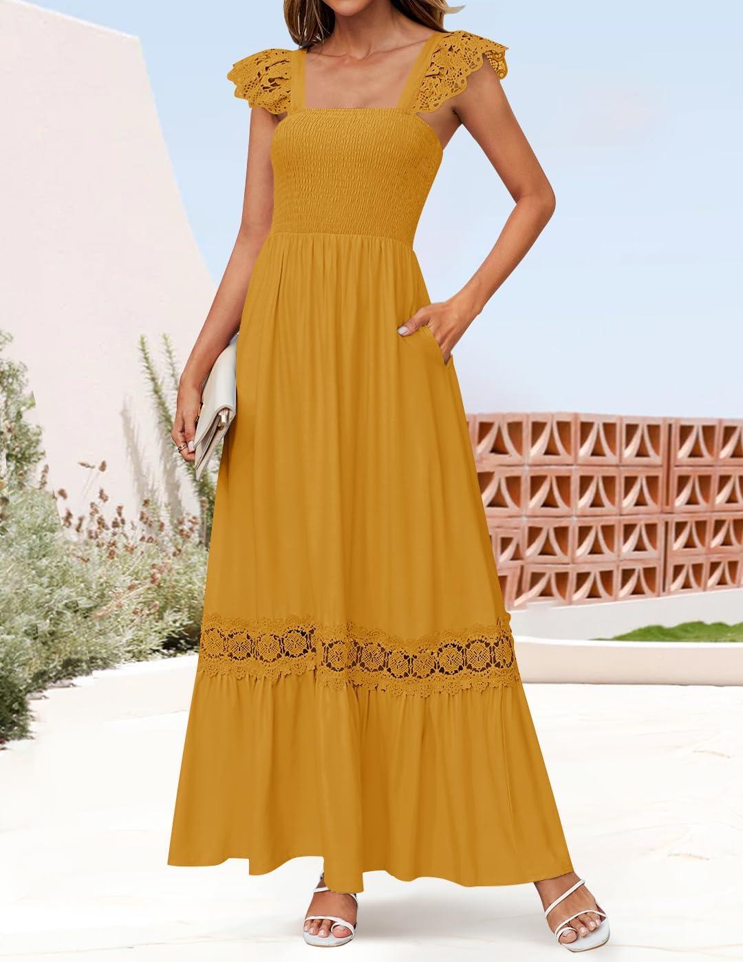 imageZESICA Womens 2026 Summer Lace Strap Sleeveless Square Neck Smocked High Waist Ruffle Hollow Out Flowy A Line Maxi DressMustard