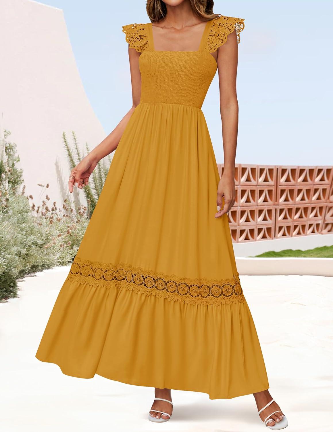 imageZESICA Womens 2026 Summer Lace Strap Sleeveless Square Neck Smocked High Waist Ruffle Hollow Out Flowy A Line Maxi DressMustard