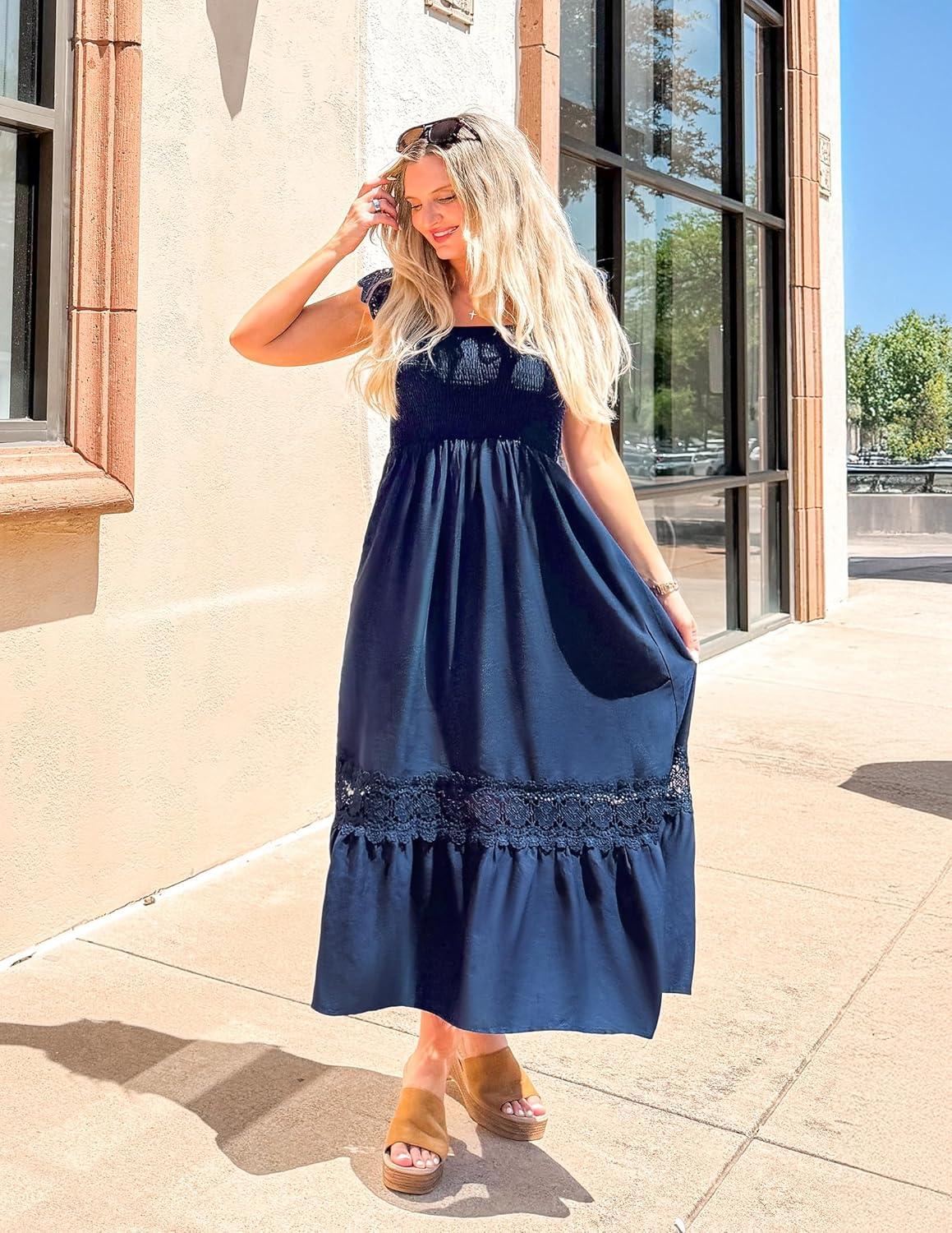 imageZESICA Womens 2026 Summer Lace Strap Sleeveless Square Neck Smocked High Waist Ruffle Hollow Out Flowy A Line Maxi DressNavy