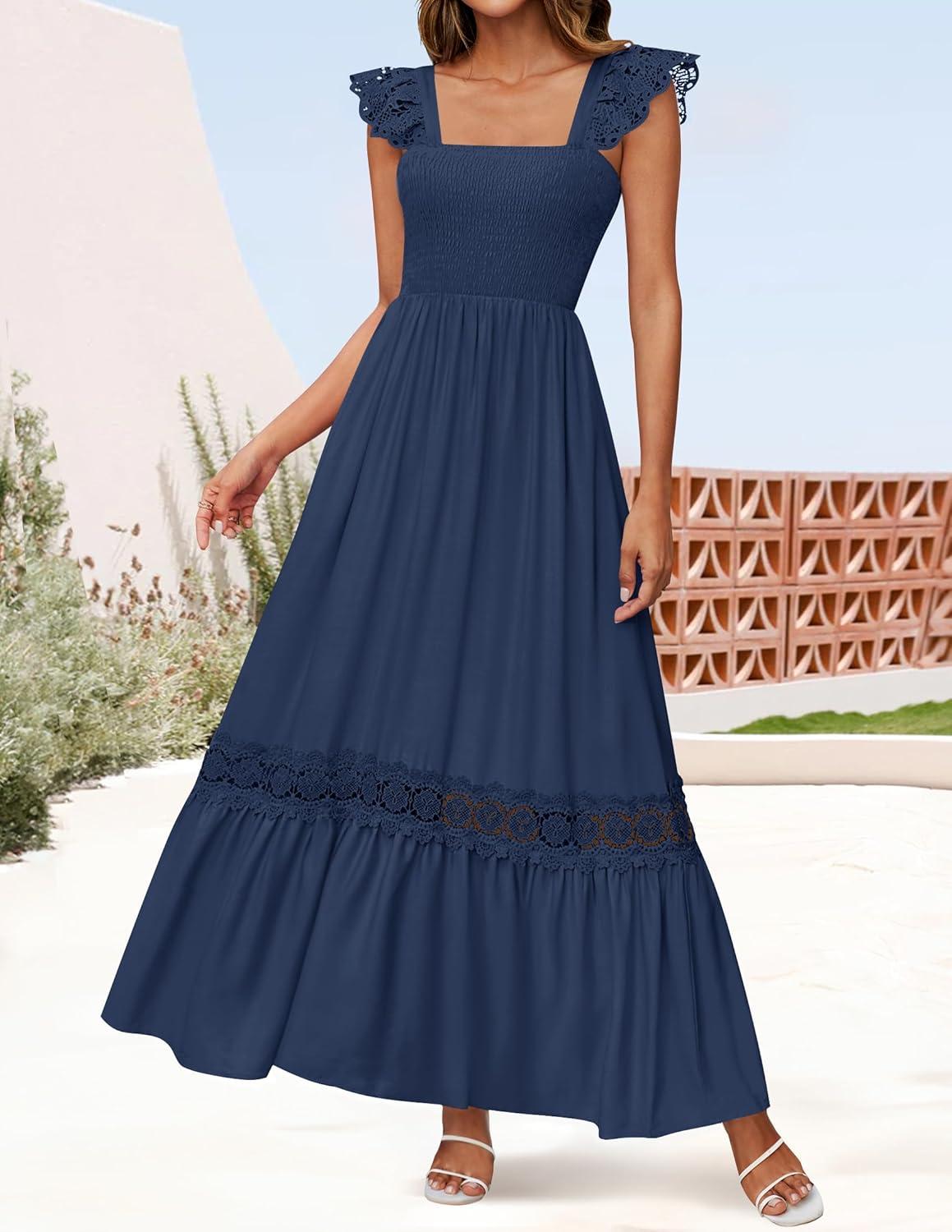 imageZESICA Womens 2026 Summer Lace Strap Sleeveless Square Neck Smocked High Waist Ruffle Hollow Out Flowy A Line Maxi DressNavy