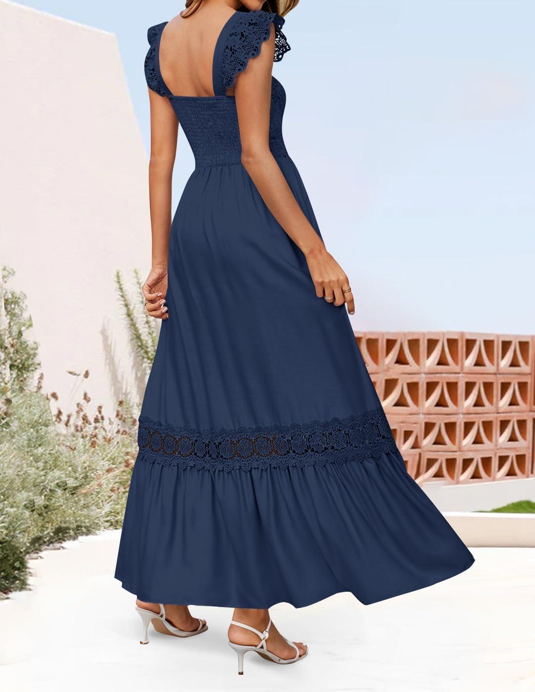 imageZESICA Womens 2026 Summer Lace Strap Sleeveless Square Neck Smocked High Waist Ruffle Hollow Out Flowy A Line Maxi DressNavy