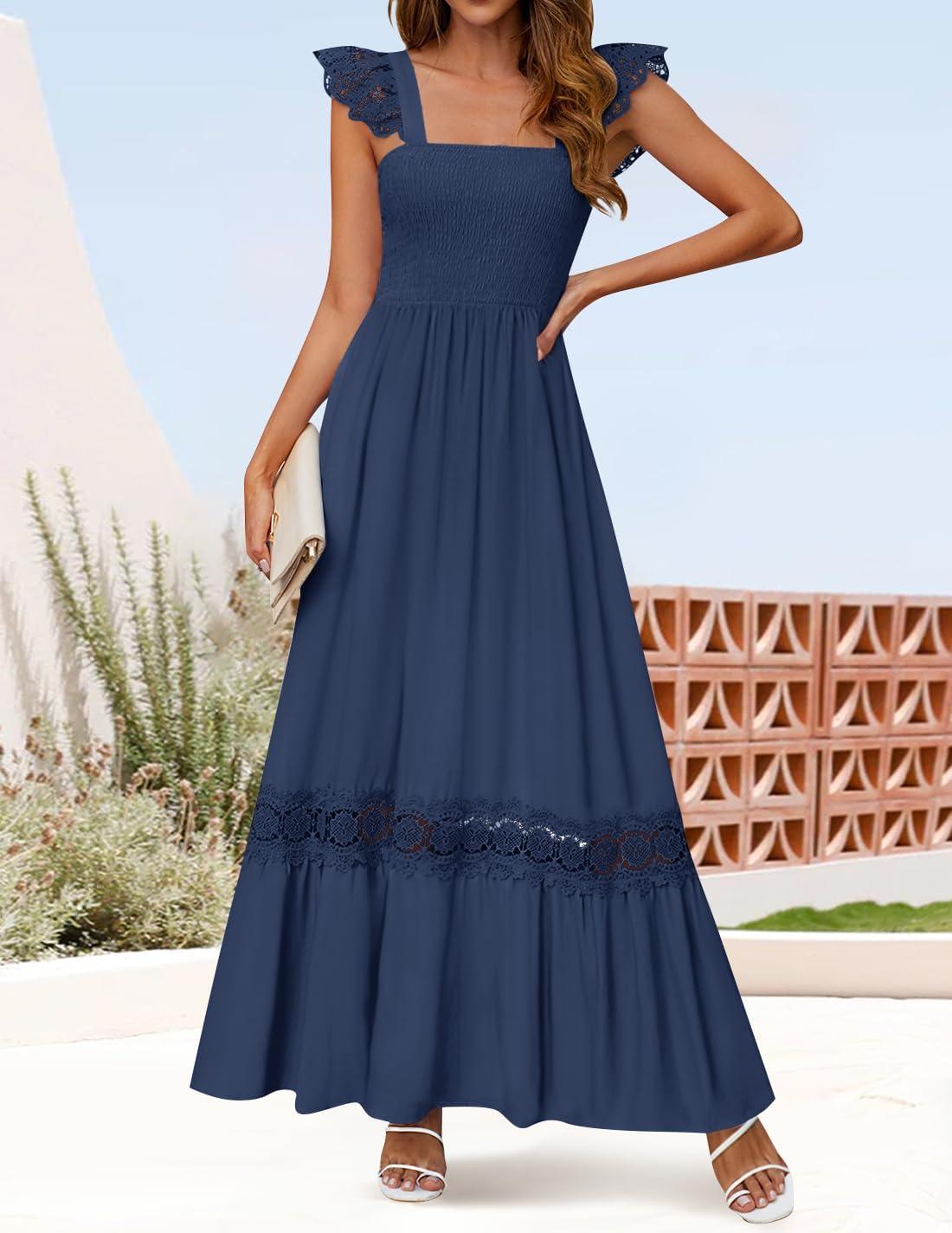 imageZESICA Womens 2026 Summer Lace Strap Sleeveless Square Neck Smocked High Waist Ruffle Hollow Out Flowy A Line Maxi DressNavy