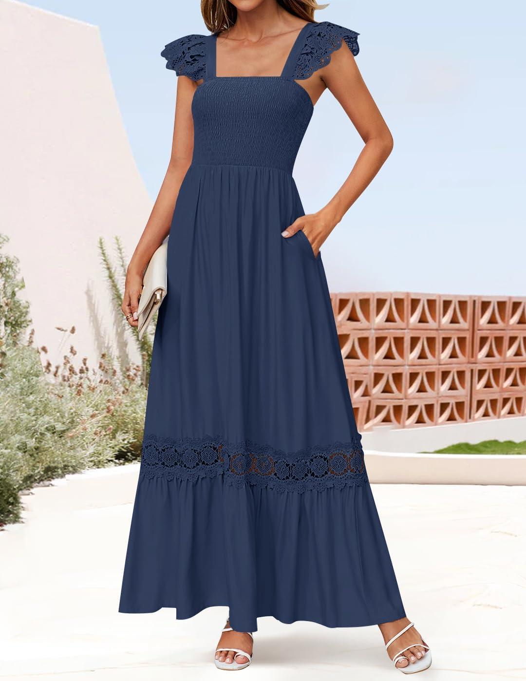 imageZESICA Womens 2026 Summer Lace Strap Sleeveless Square Neck Smocked High Waist Ruffle Hollow Out Flowy A Line Maxi DressNavy