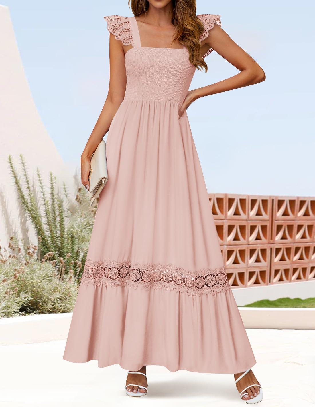 imageZESICA Womens 2026 Summer Lace Strap Sleeveless Square Neck Smocked High Waist Ruffle Hollow Out Flowy A Line Maxi DressPink