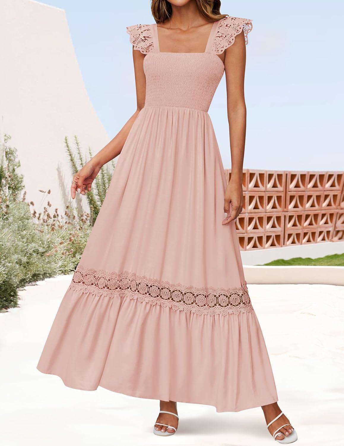 imageZESICA Womens 2026 Summer Lace Strap Sleeveless Square Neck Smocked High Waist Ruffle Hollow Out Flowy A Line Maxi DressPink