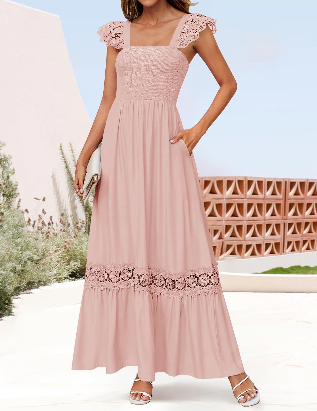 imageZESICA Womens 2026 Summer Lace Strap Sleeveless Square Neck Smocked High Waist Ruffle Hollow Out Flowy A Line Maxi DressPink